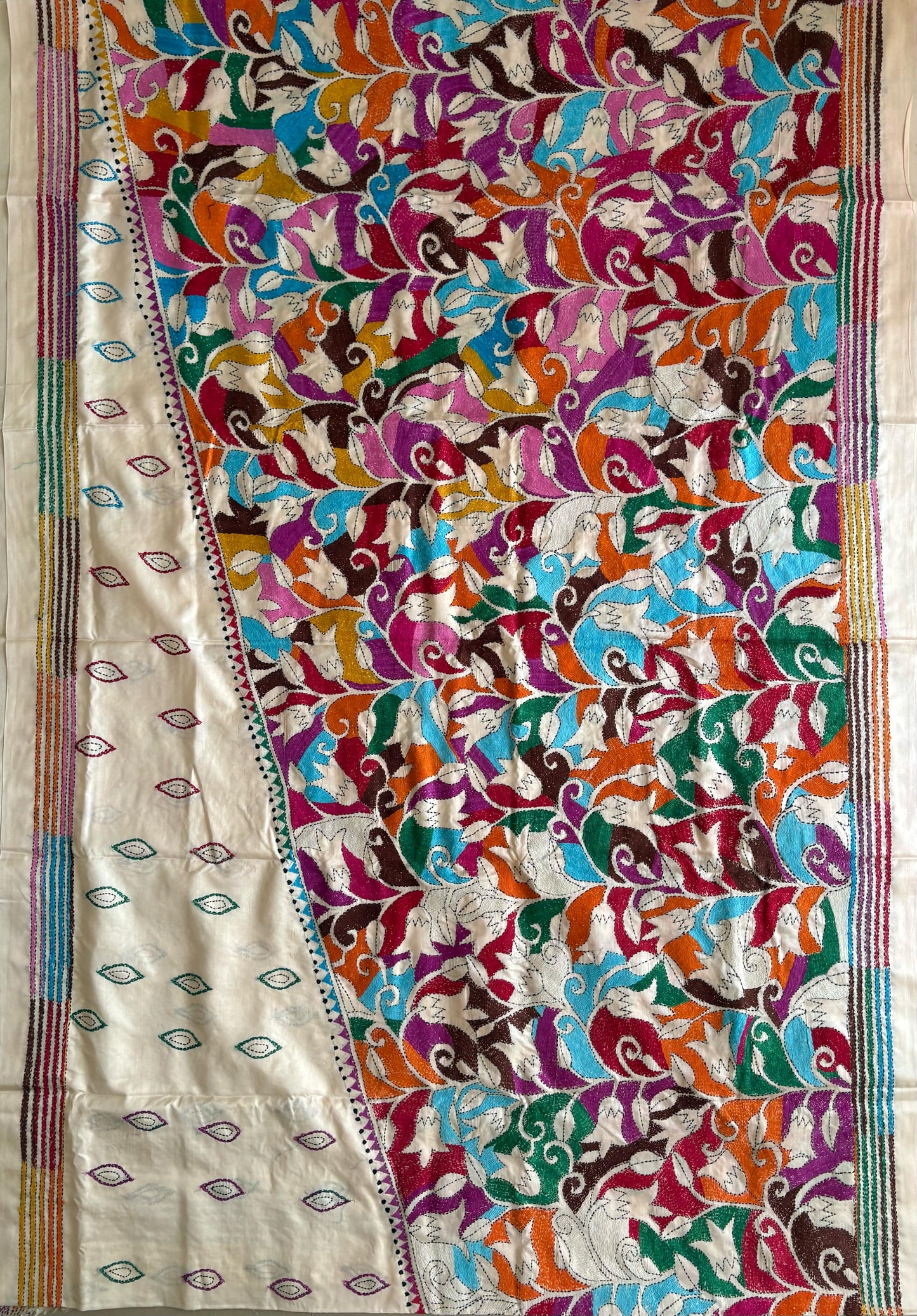 Off White Hand Embroidered Kantha Stitch Saree in Artificial Silk