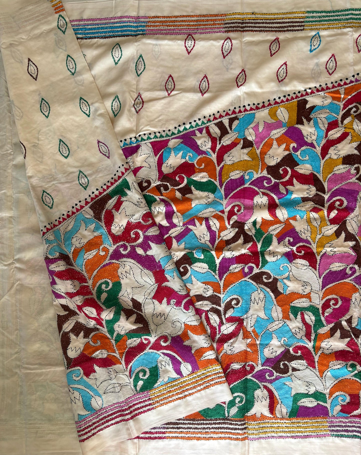 Off White Hand Embroidered Kantha Stitch Saree in Artificial Silk