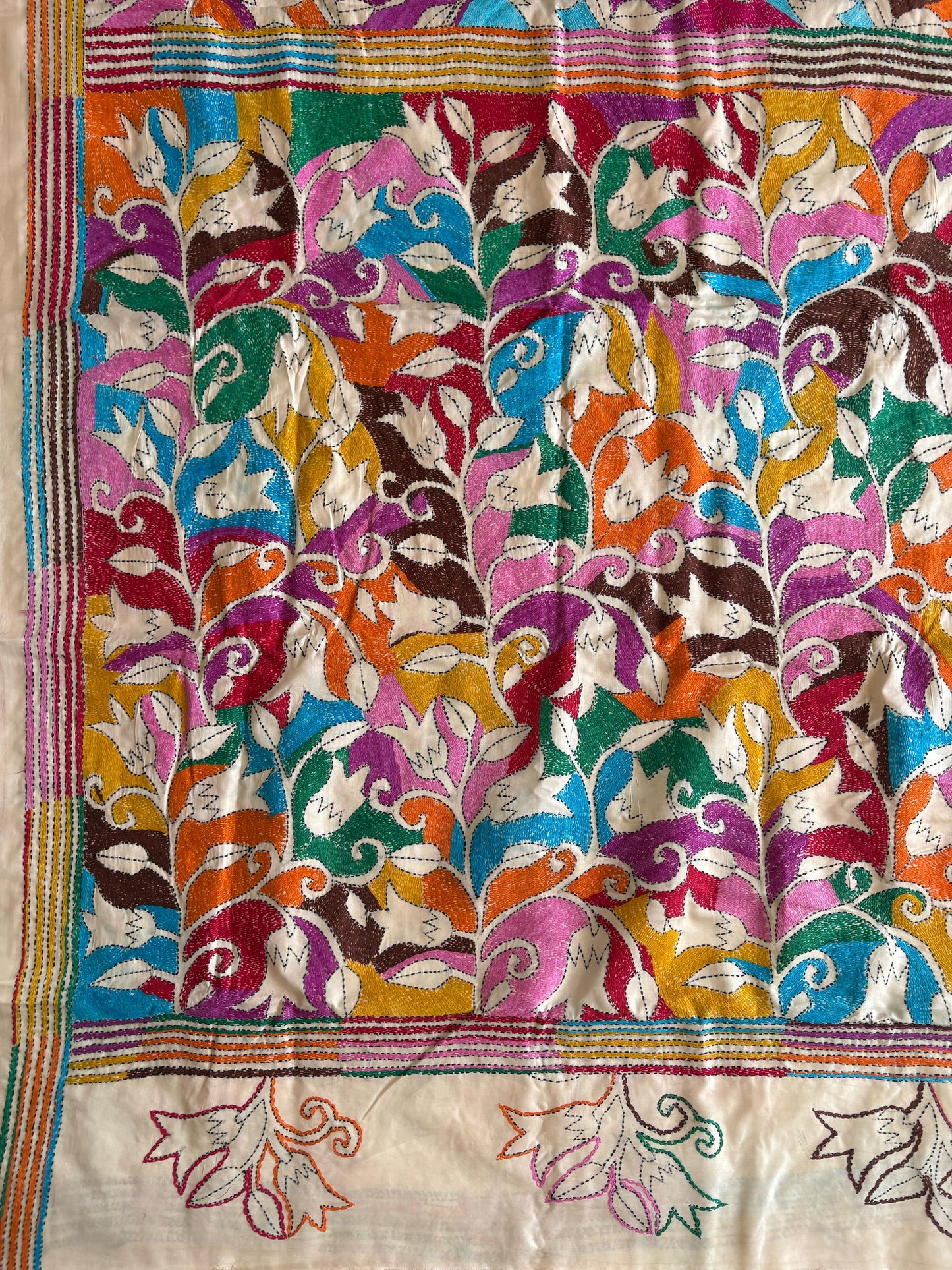 Off White Hand Embroidered Kantha Stitch Saree in Artificial Silk