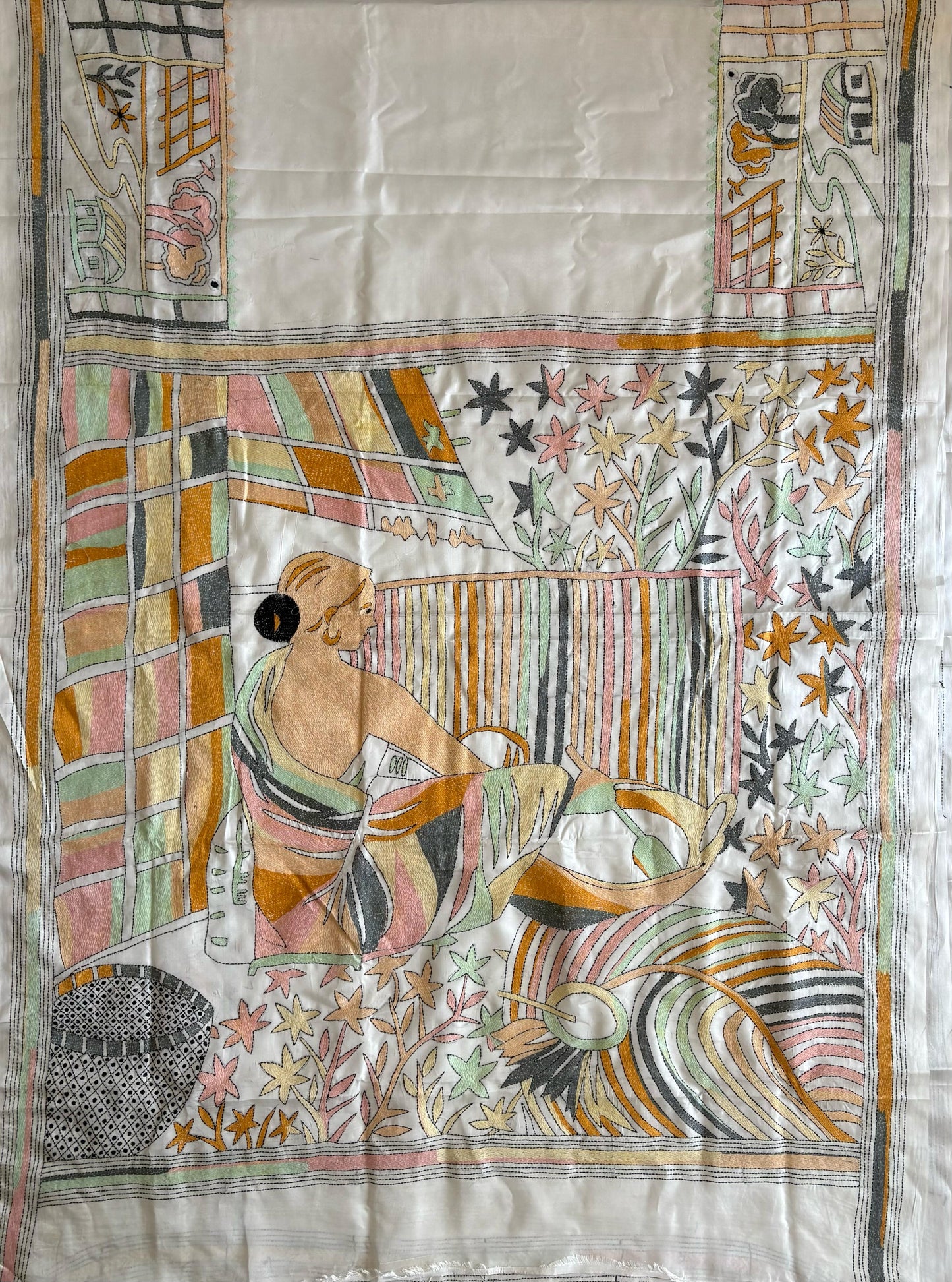 Off White Hand Embroidered Kantha Stitch Saree in Artificial Silk
