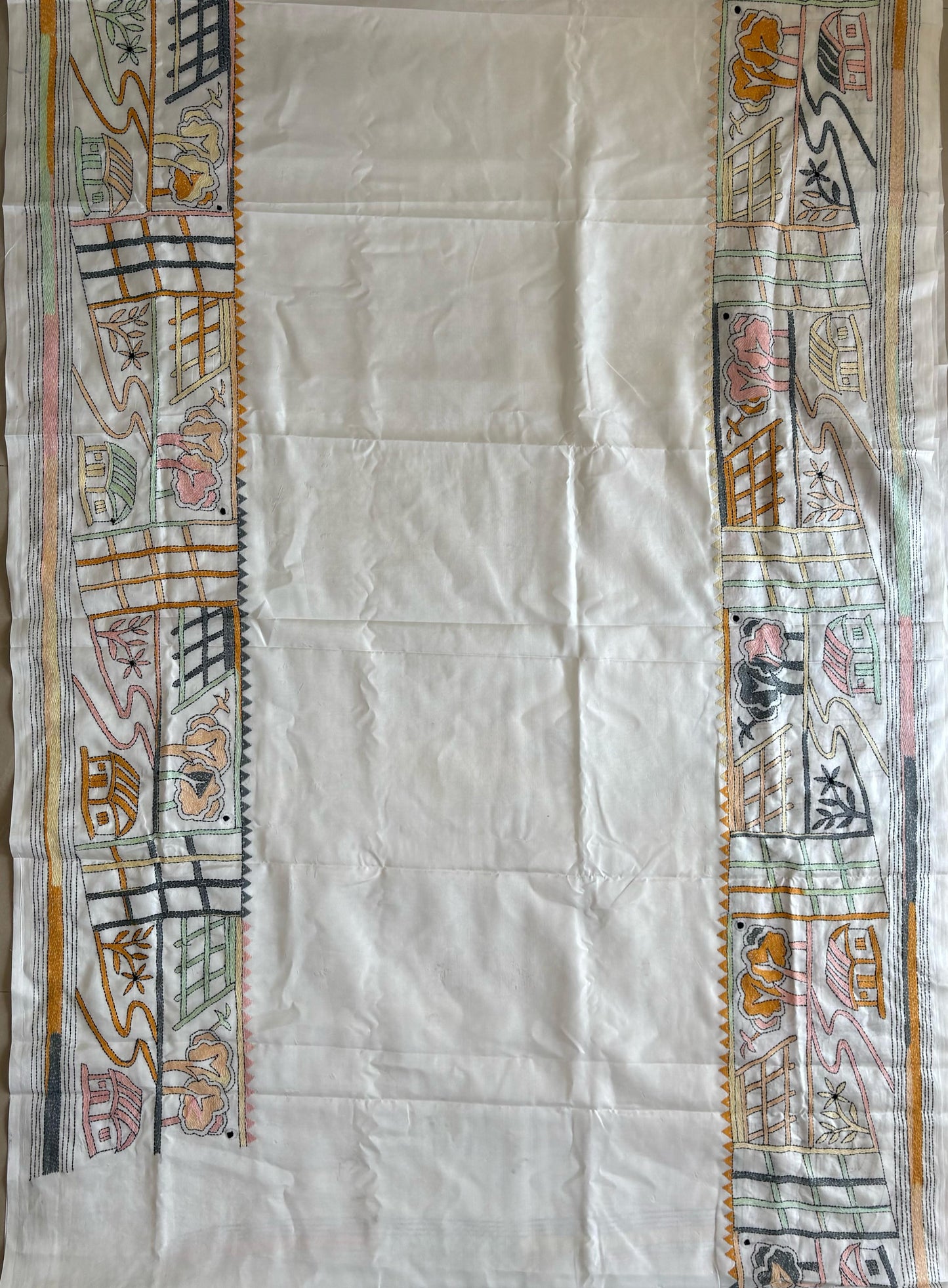 Off White Hand Embroidered Kantha Stitch Saree in Artificial Silk