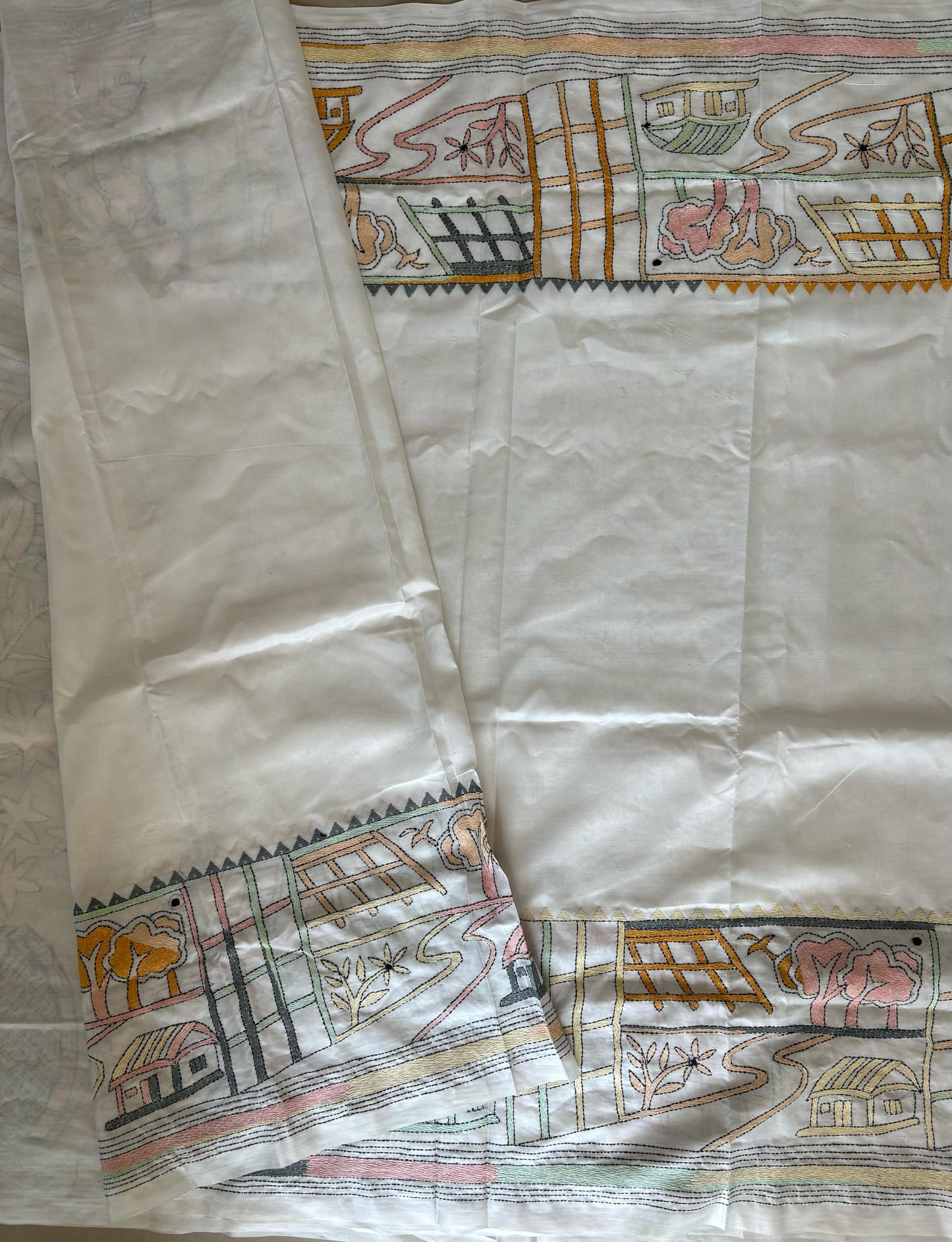 Off White Hand Embroidered Kantha Stitch Saree in Artificial Silk