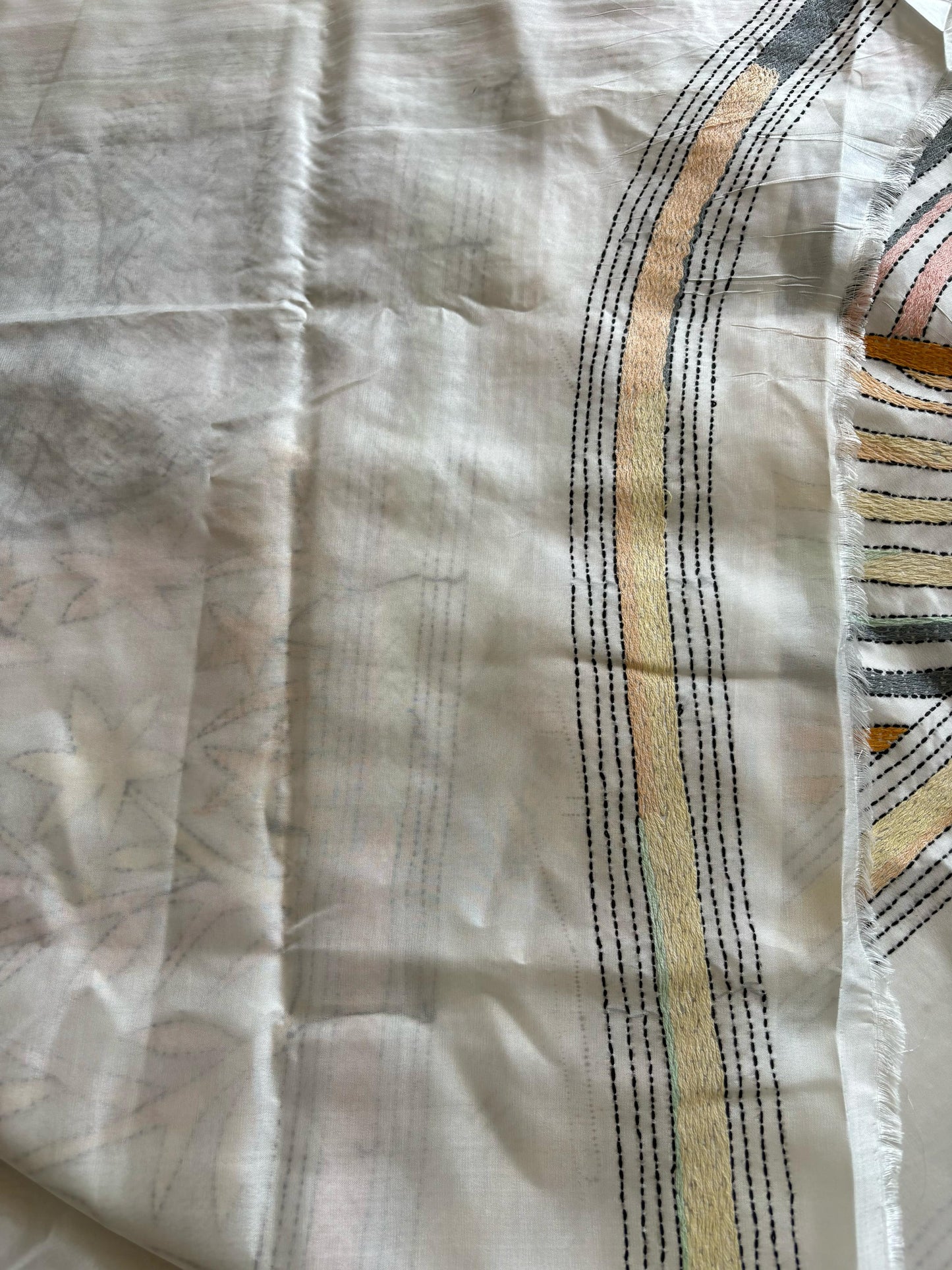 Off White Hand Embroidered Kantha Stitch Saree in Artificial Silk