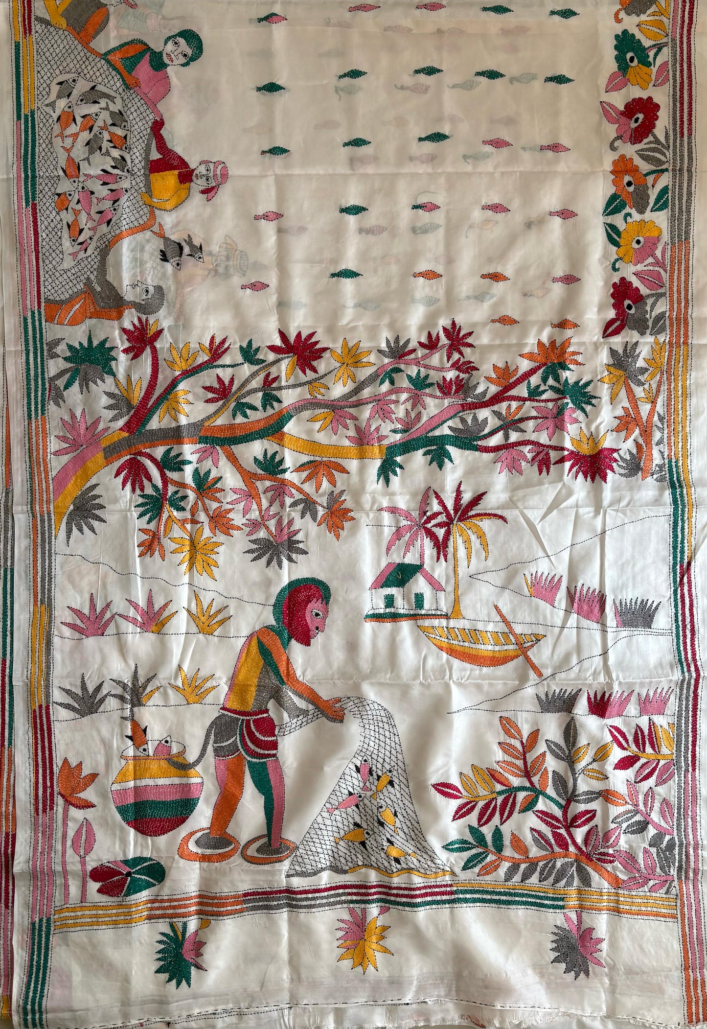 Off White Hand Embroidered Kantha Stitch Saree in Artificial Silk