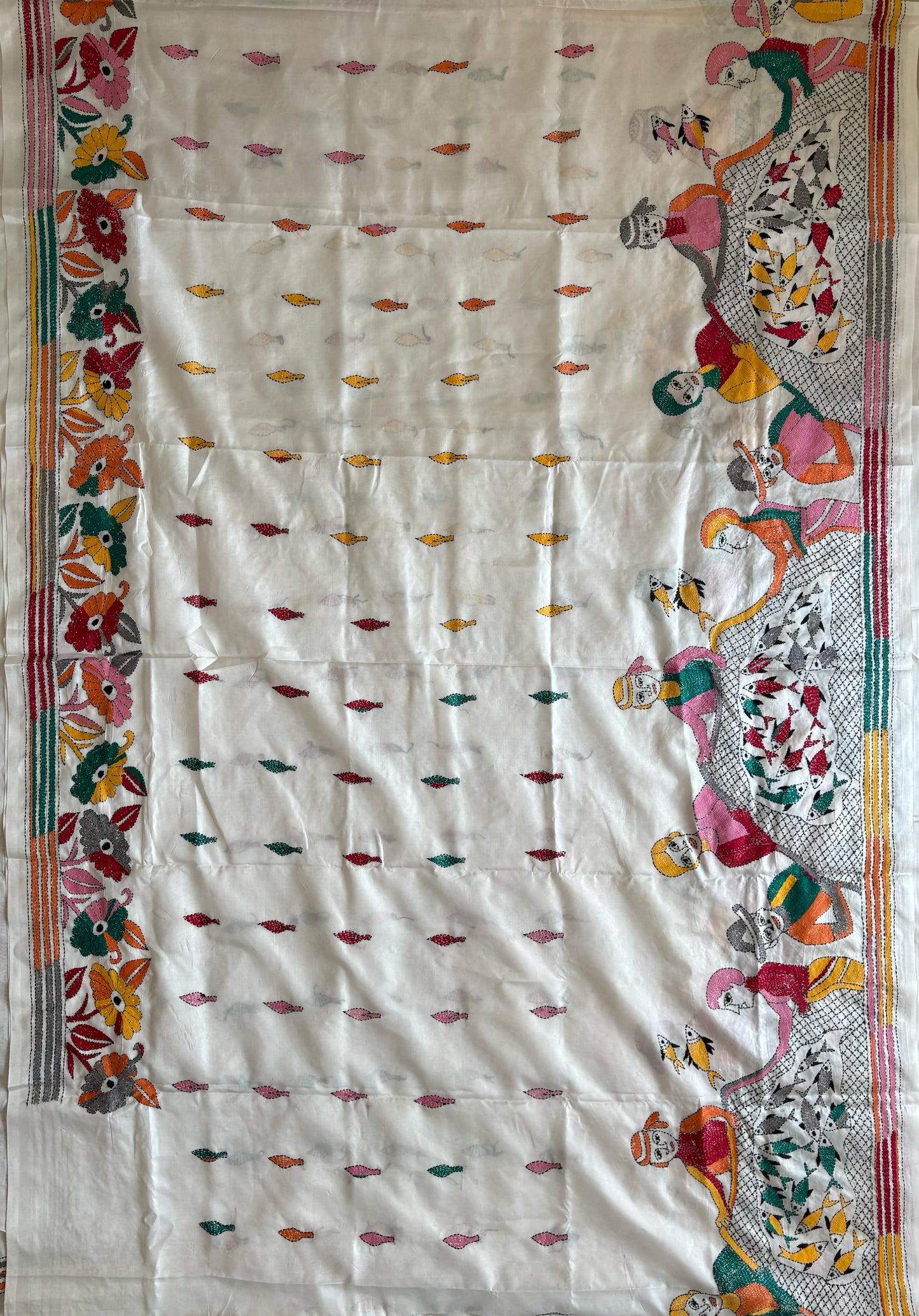 Off White Hand Embroidered Kantha Stitch Saree in Artificial Silk