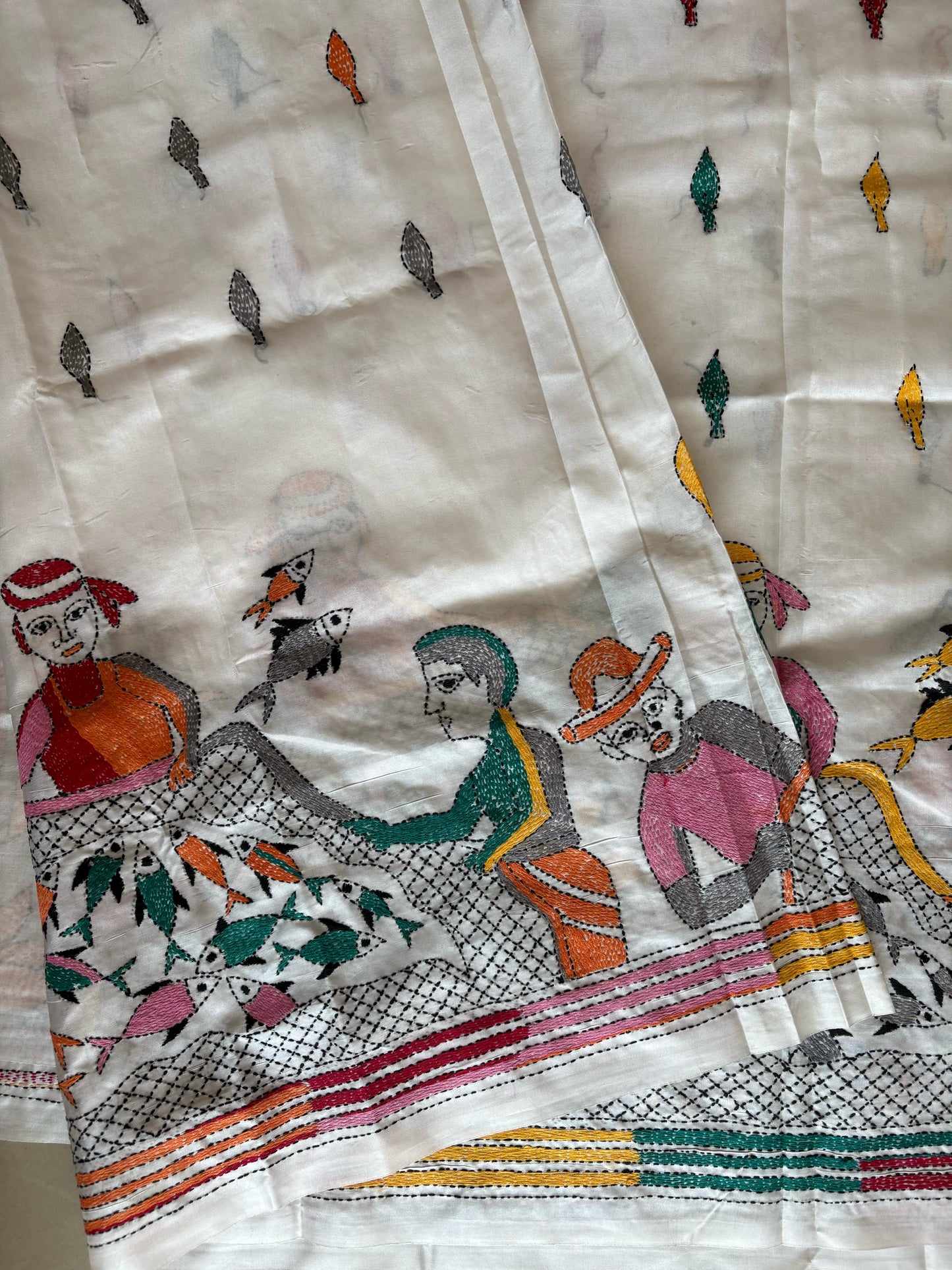 Off White Hand Embroidered Kantha Stitch Saree in Artificial Silk