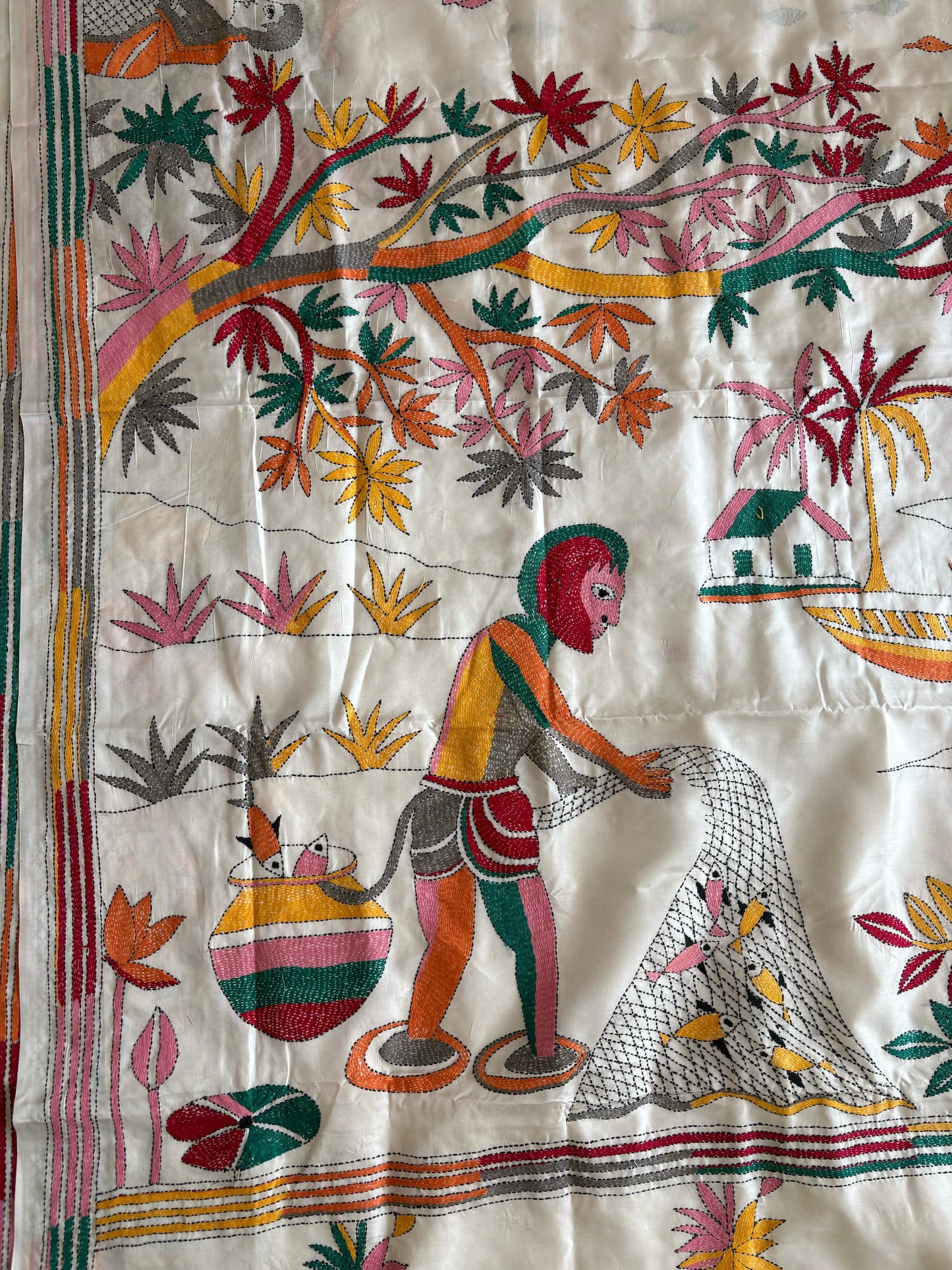 Off White Hand Embroidered Kantha Stitch Saree in Artificial Silk