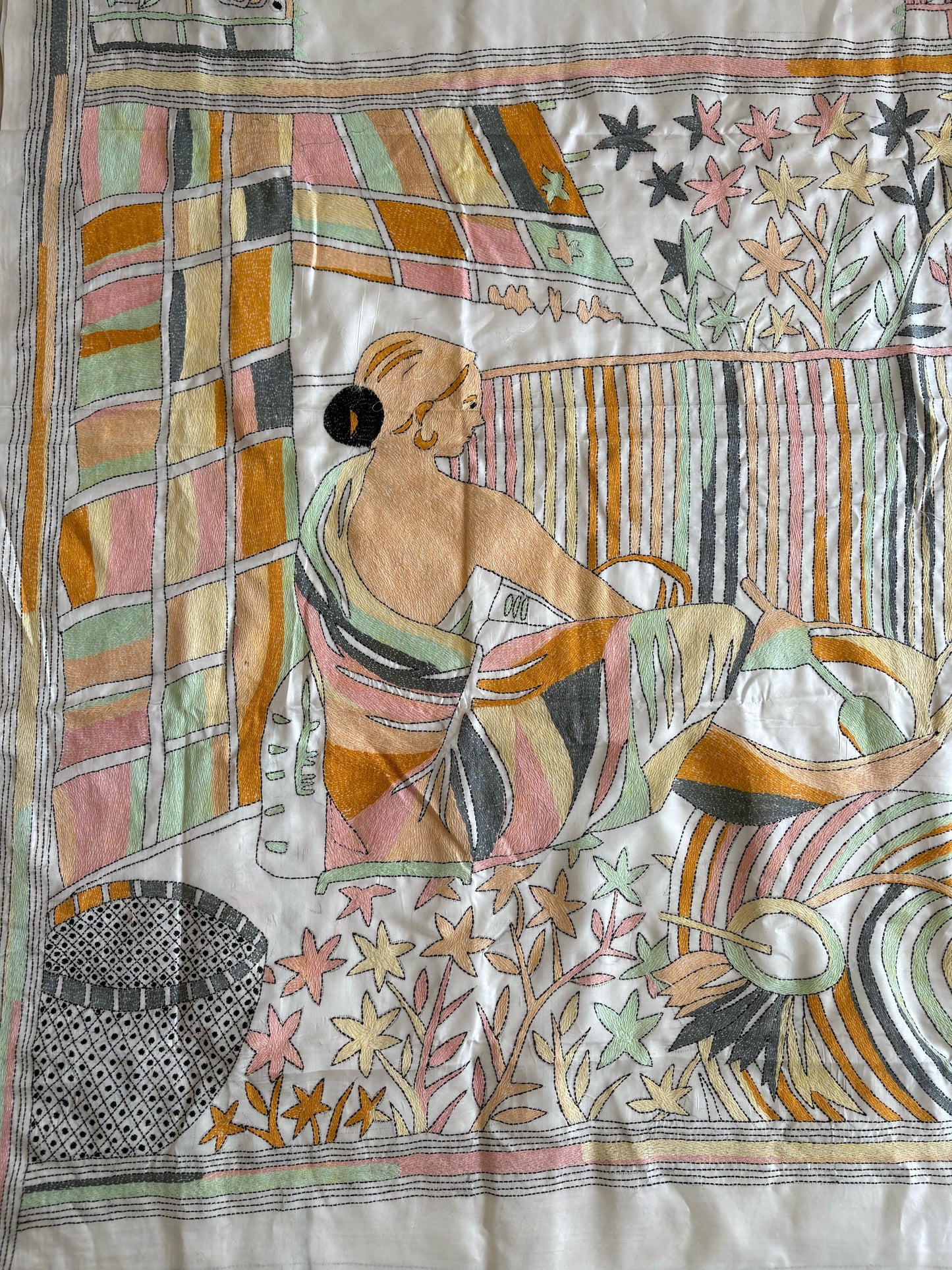 Off White Hand Embroidered Kantha Stitch Saree in Artificial Silk