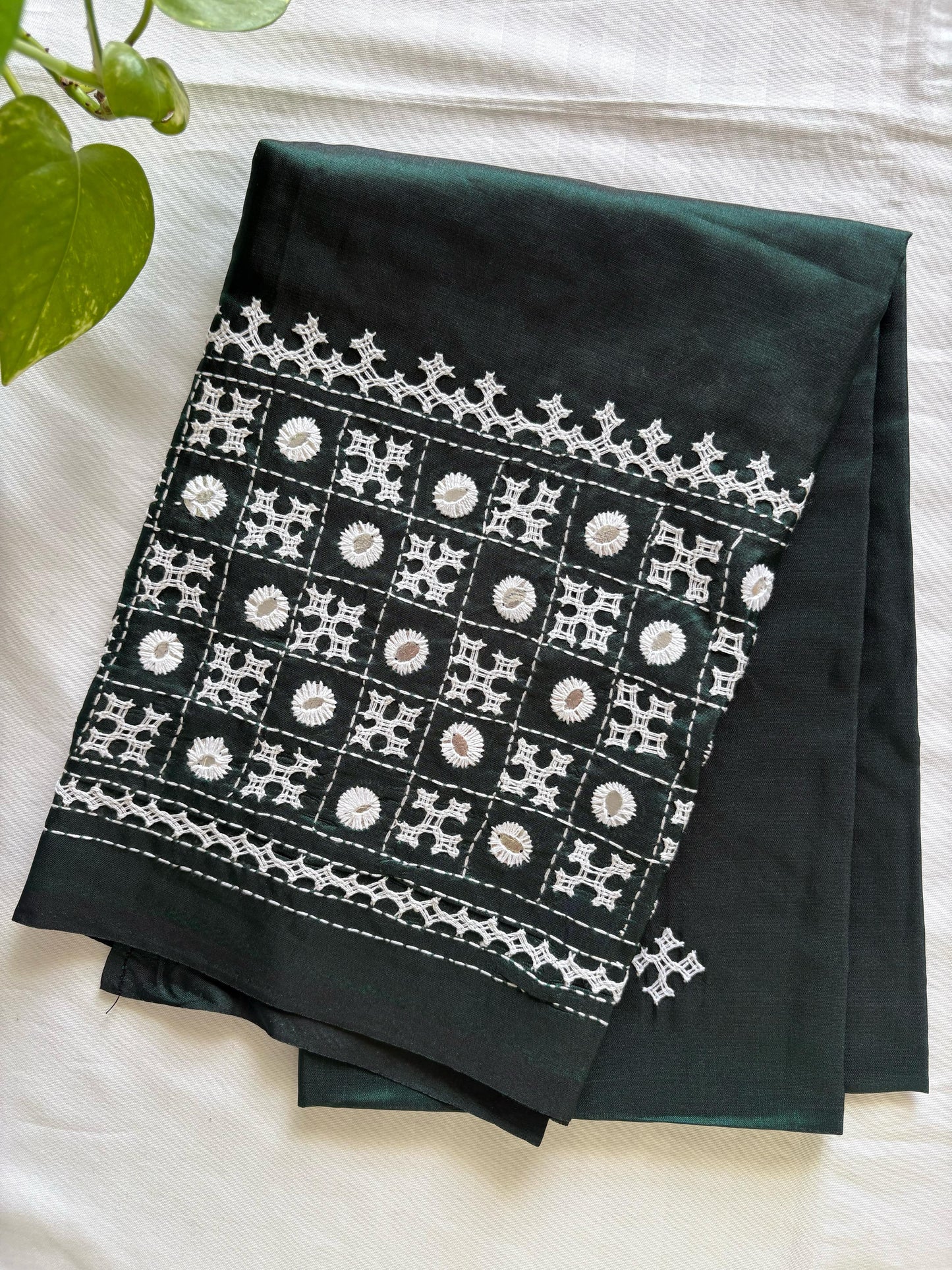 Bottle Green Gujrati work blouse pieces in art silk 1 mtr