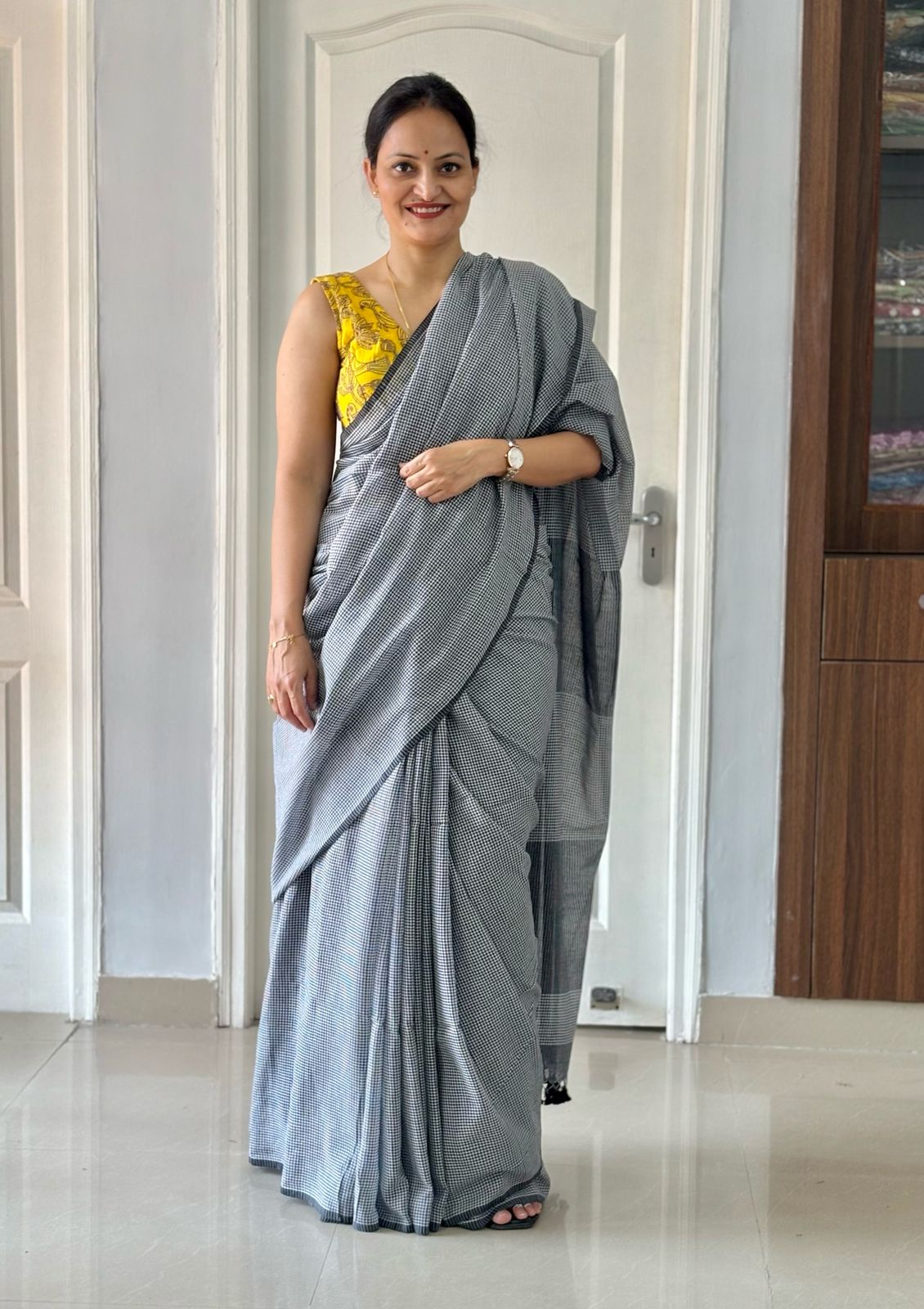 Gamcha Check Mul Cotton handwoven Saree (Handloom Marked)