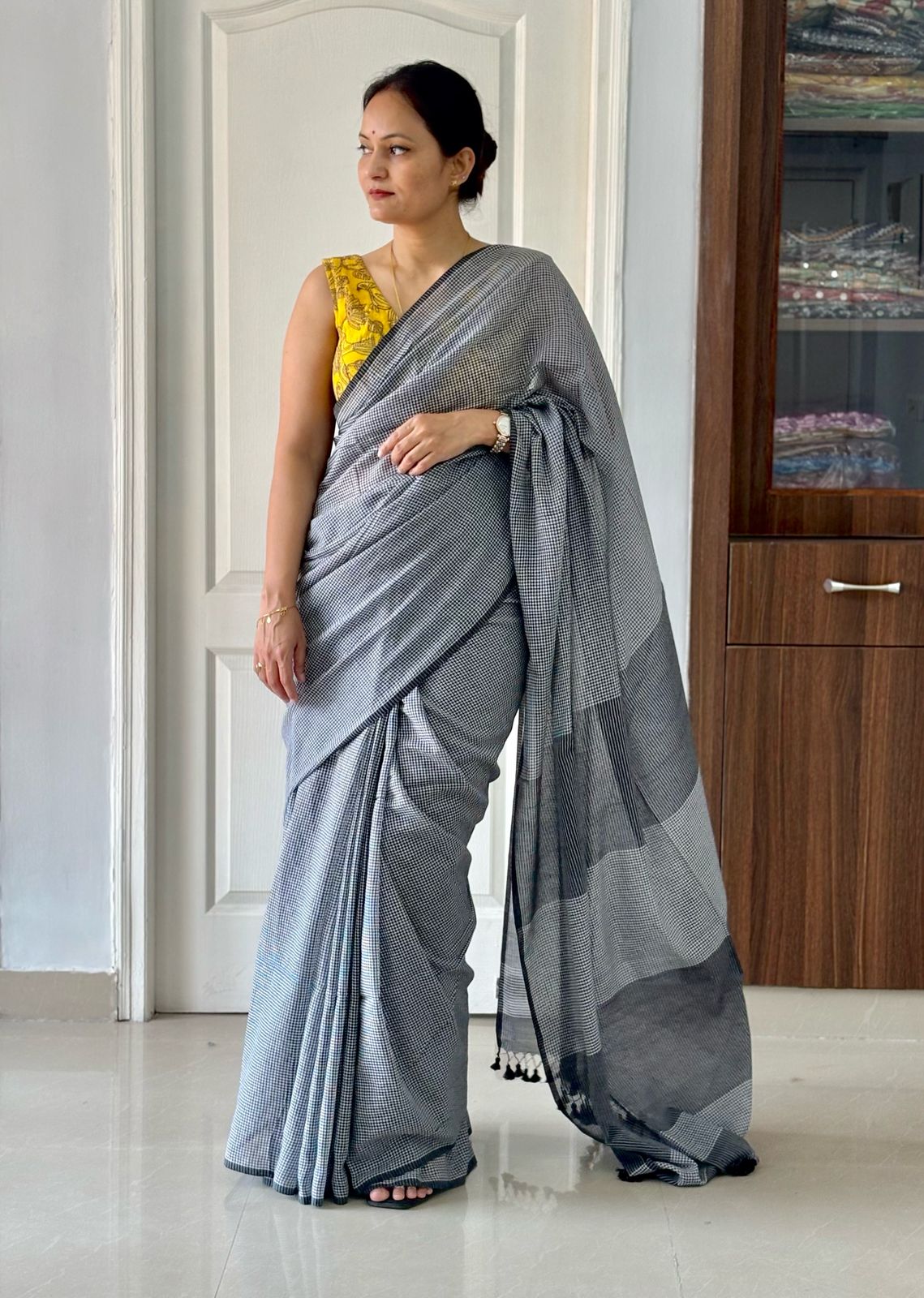 Gamcha Check Mul Cotton handwoven Saree (Handloom Marked)