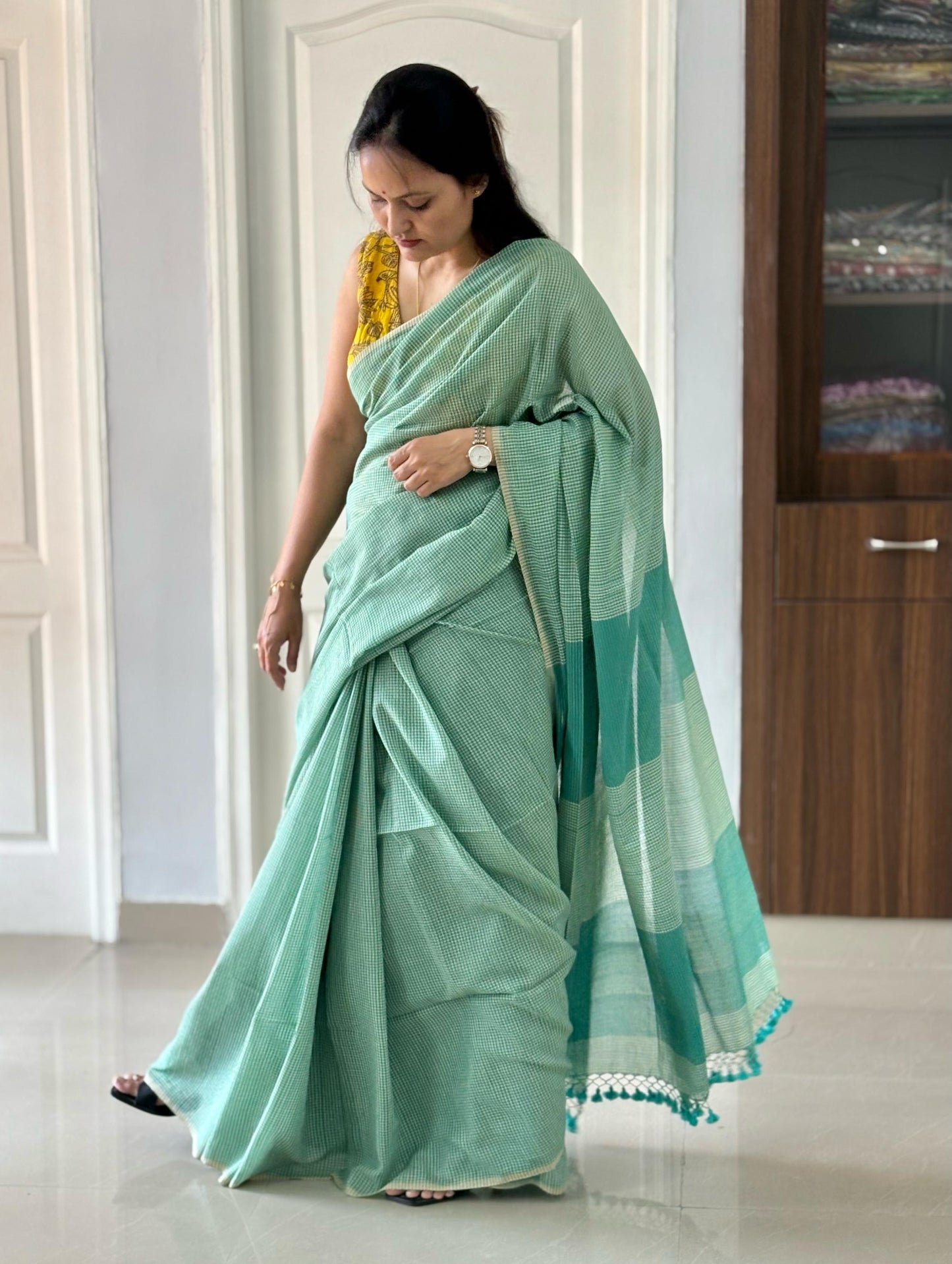 Gamcha Check Mul Cotton handwoven Saree (Handloom Marked)