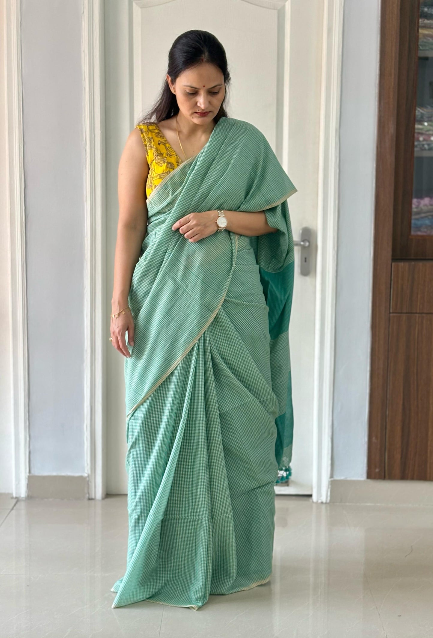 Gamcha Check Mul Cotton handwoven Saree (Handloom Marked)