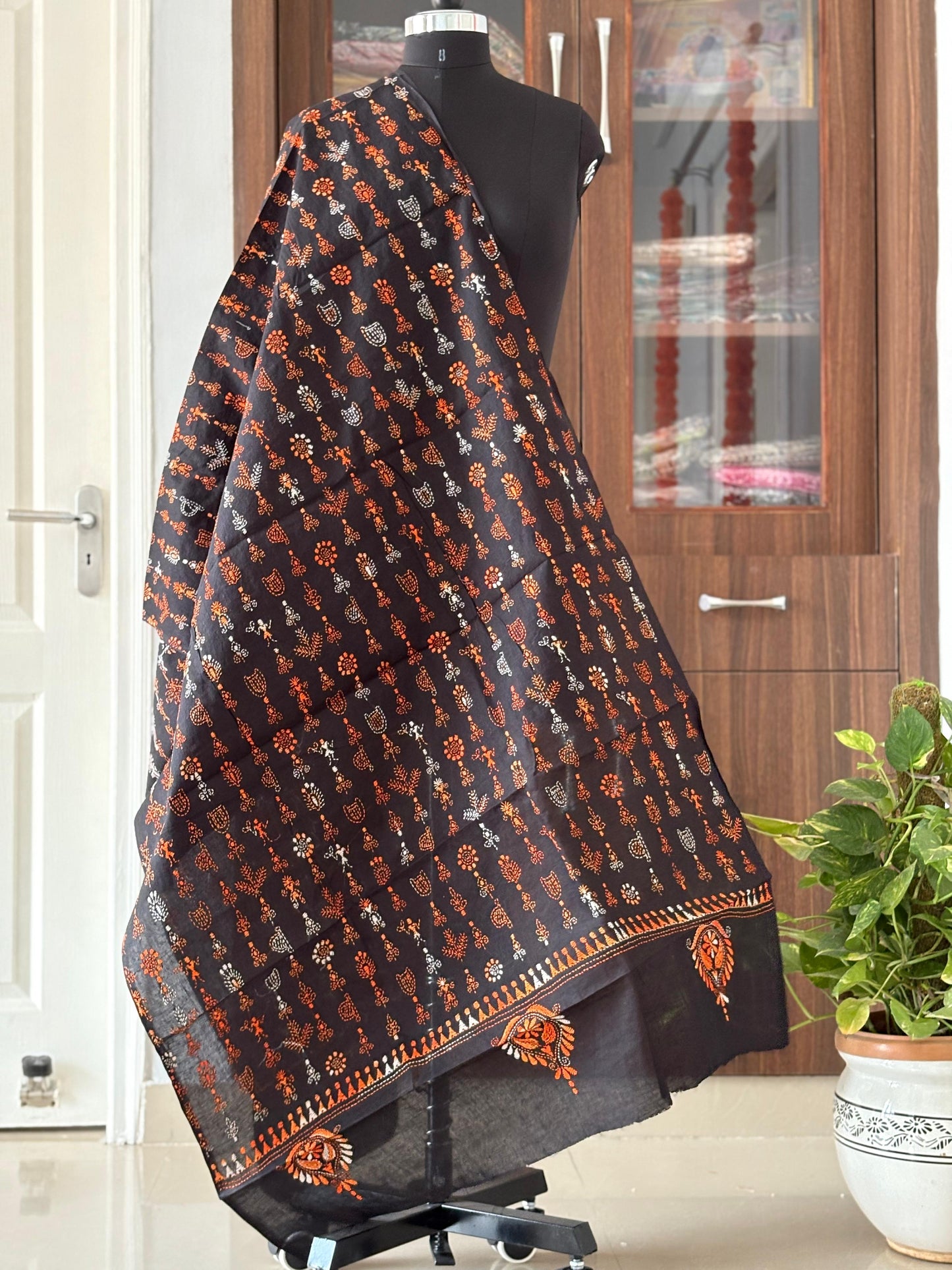 Kantha Hand Embroidary Full Work Pure Cotton Dupatta-Black “36”