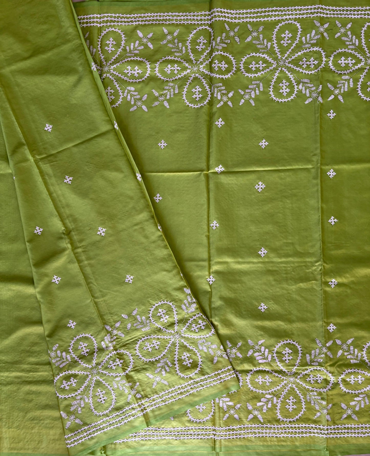 Gujrati Stitch/Kutch Hand Embroidered Art Silk Saree - Green