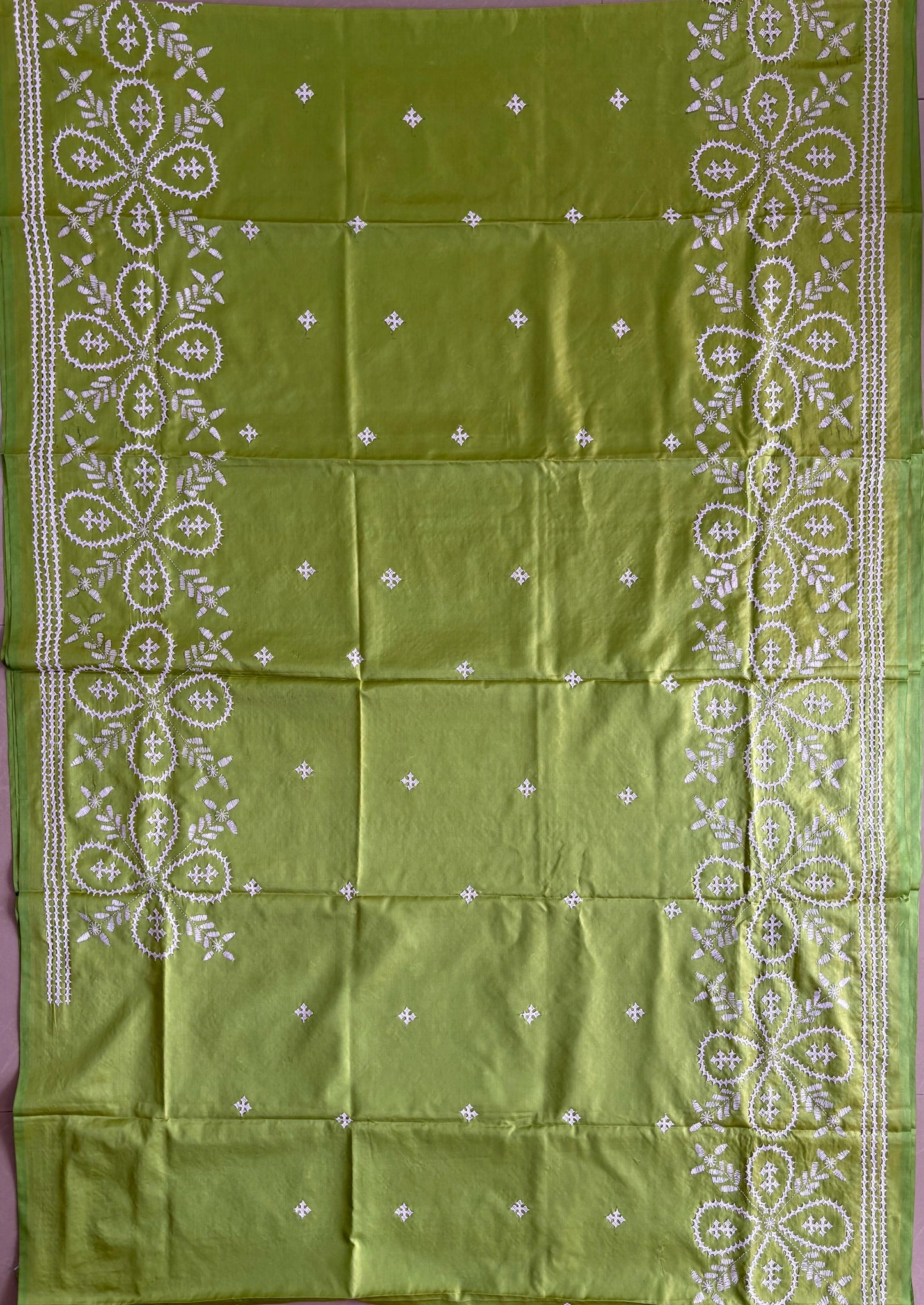 Gujrati Stitch/Kutch Hand Embroidered Art Silk Saree - Green