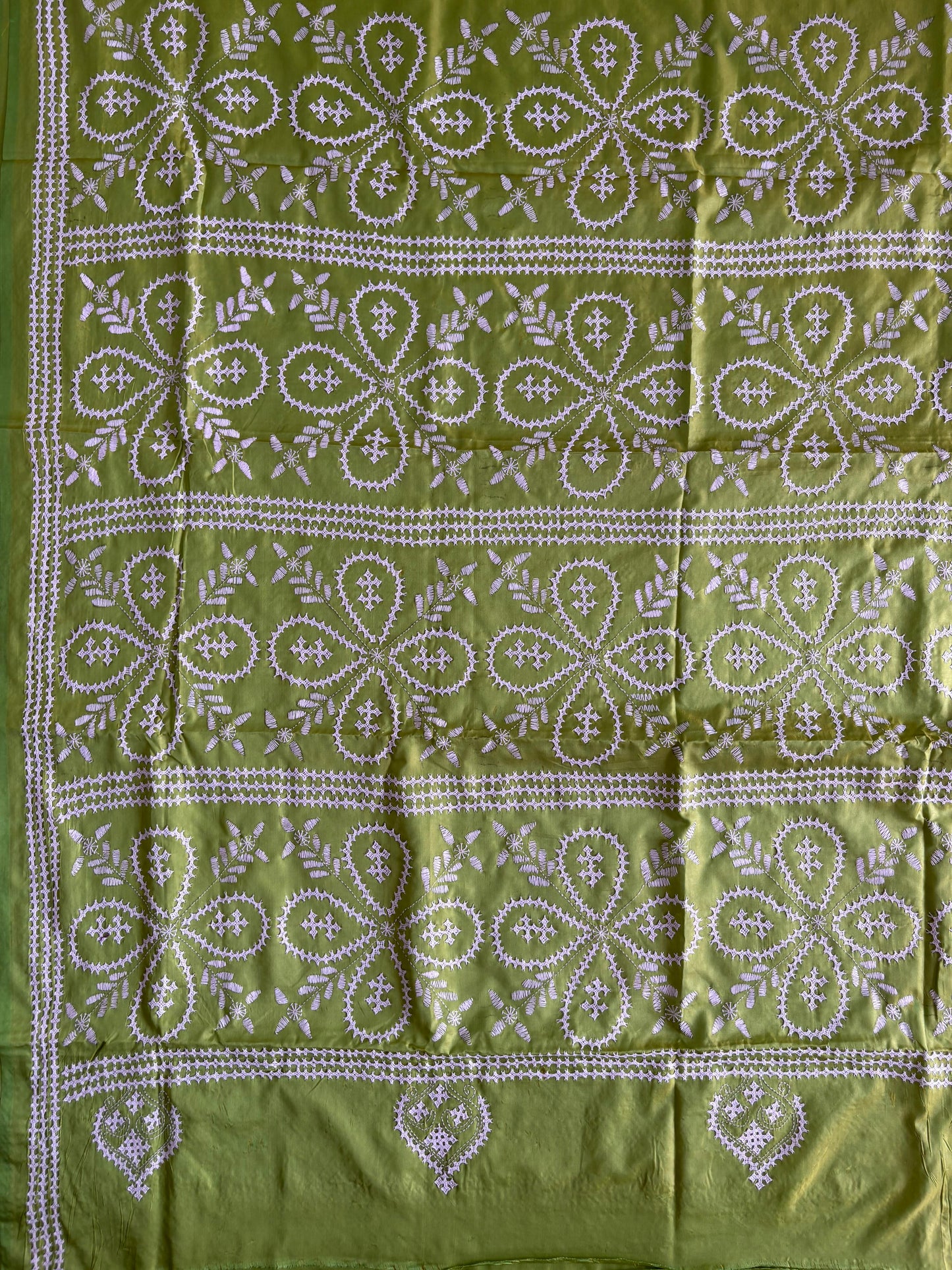 Gujrati Stitch/Kutch Hand Embroidered Art Silk Saree - Green