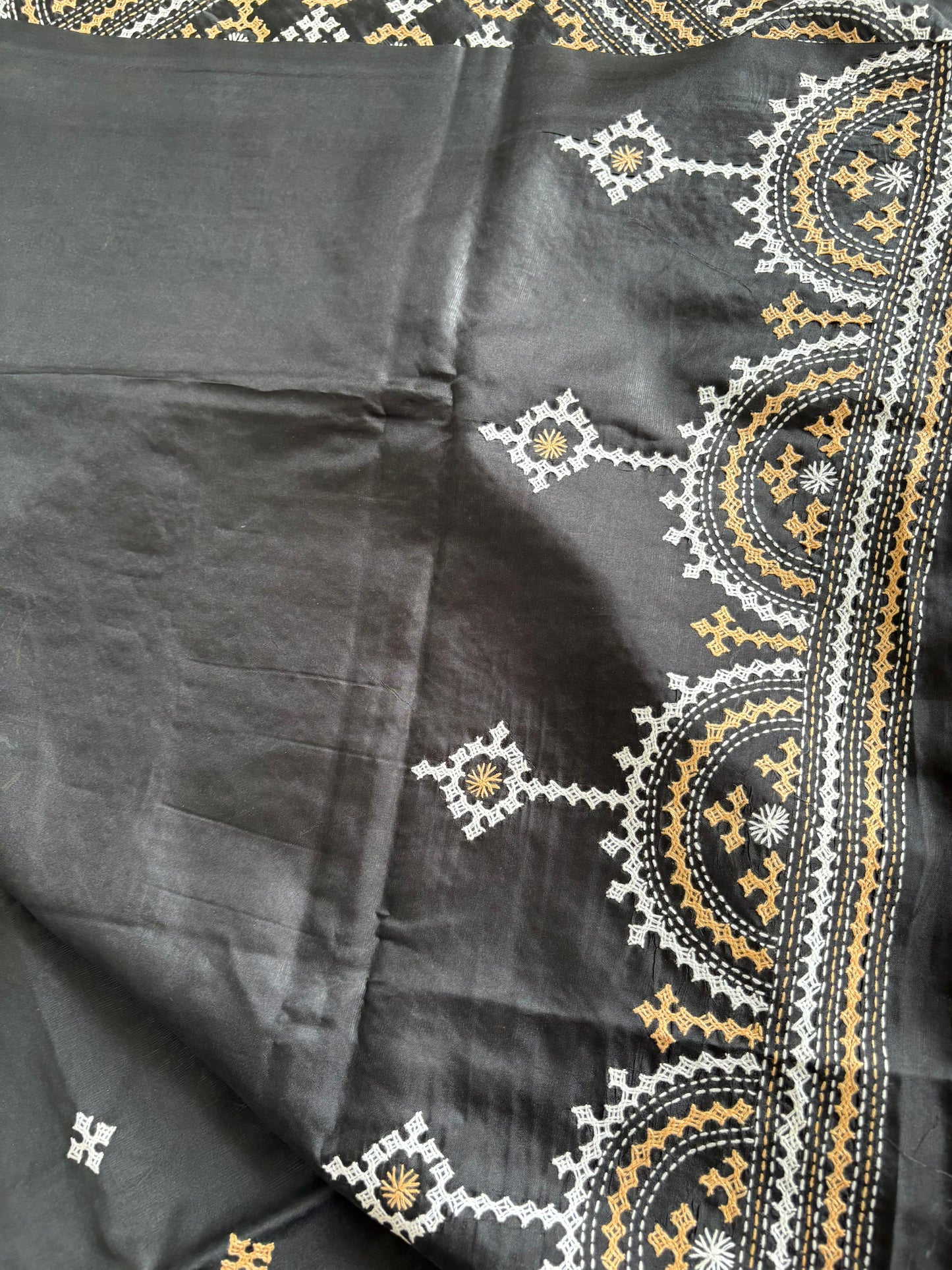 Gujrati Stitch/Kutch Hand Embroidered Art Silk Saree - Black