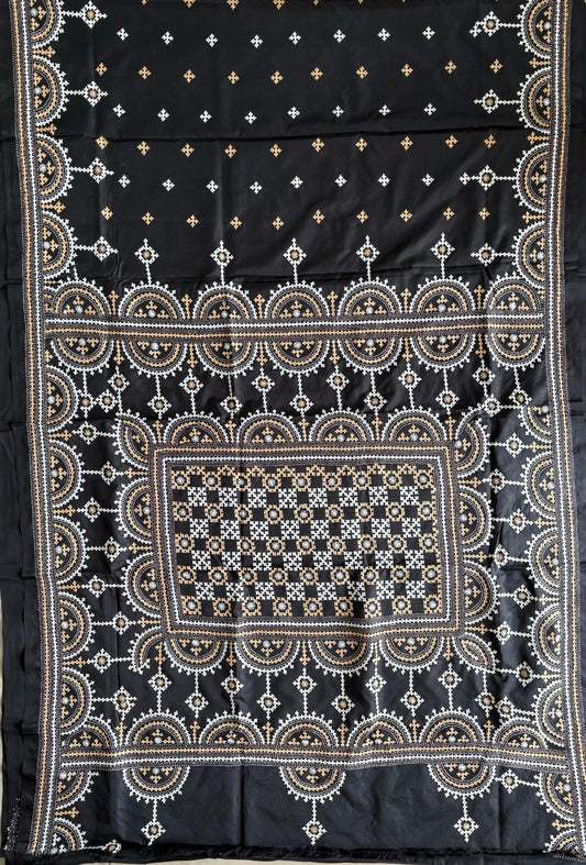 Gujrati Stitch/Kutch Hand Embroidered Art Silk Saree - Black