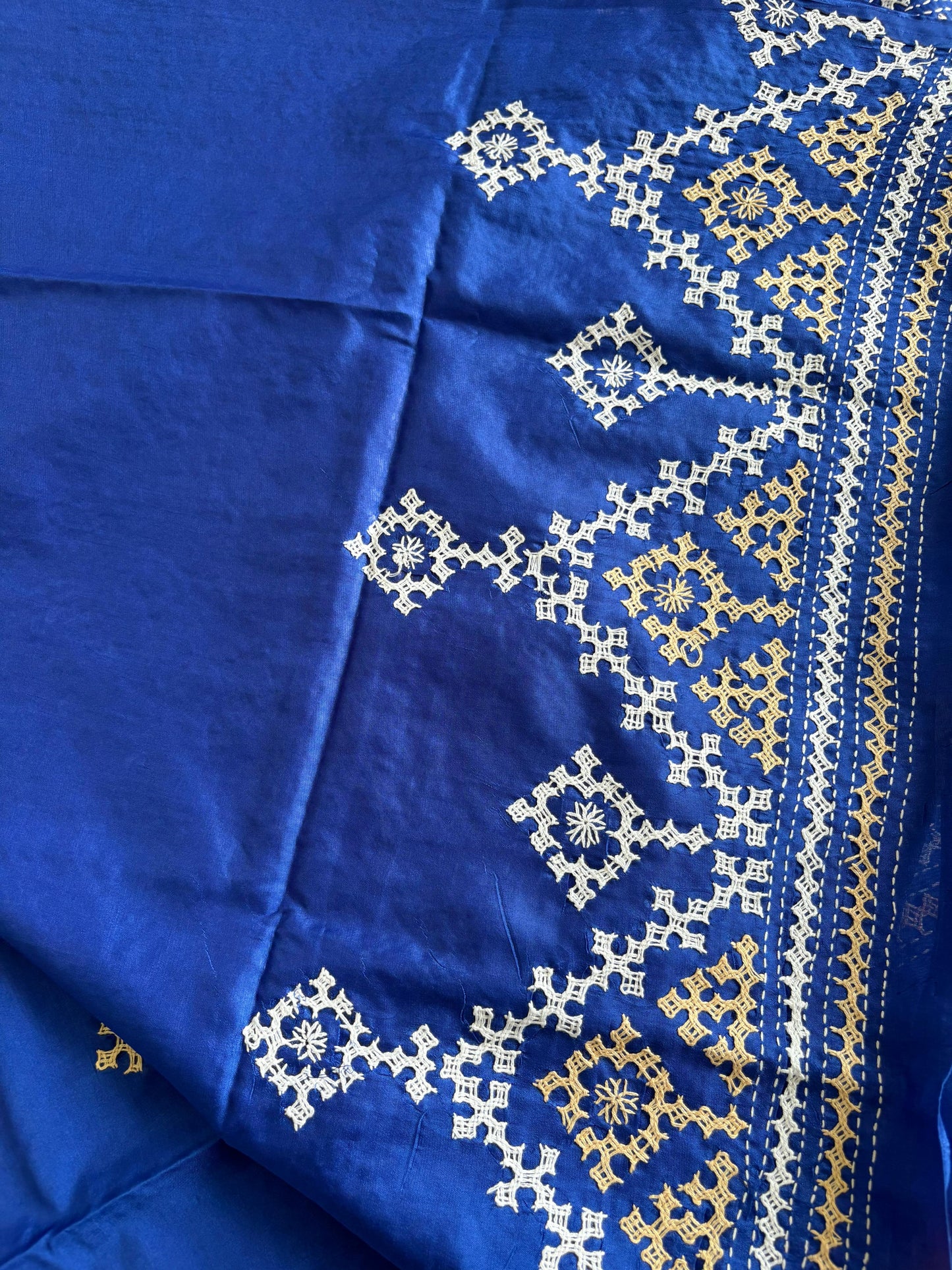 Gujrati Stitch/Kutch Hand Embroidered Art Silk Saree - Navy Blue