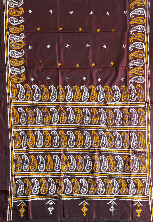 Gujrati Stitch/Kutch Hand Embroidered Art Silk Saree - Brown