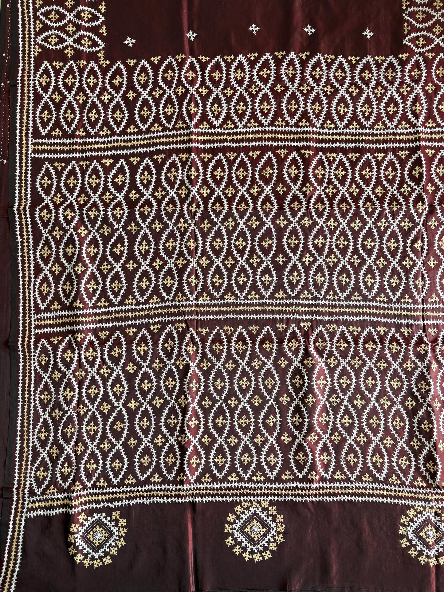 Gujrati Stitch/Kutch Hand Embroidered Art Silk Saree - Brown