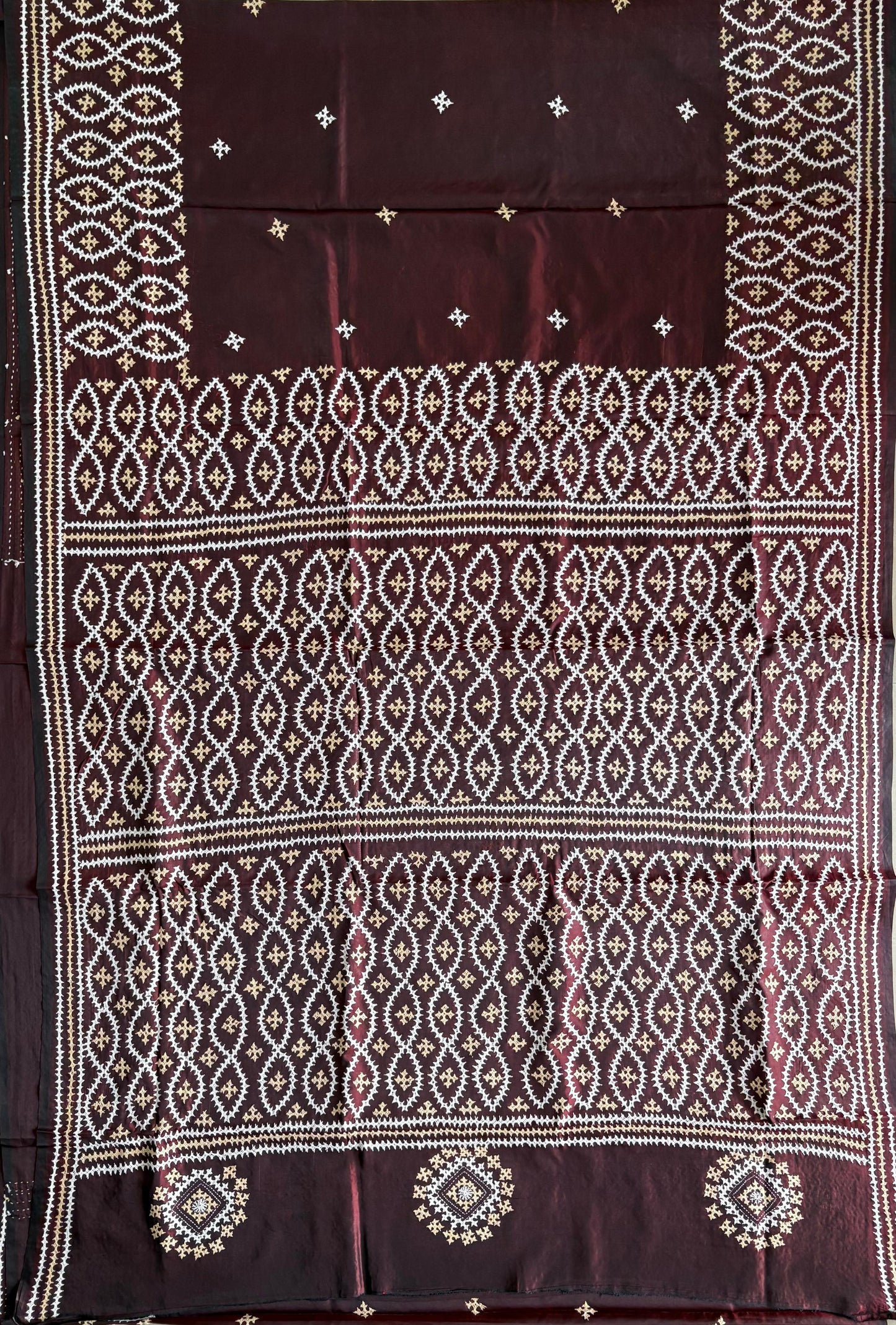 Gujrati Stitch/Kutch Hand Embroidered Art Silk Saree - Brown