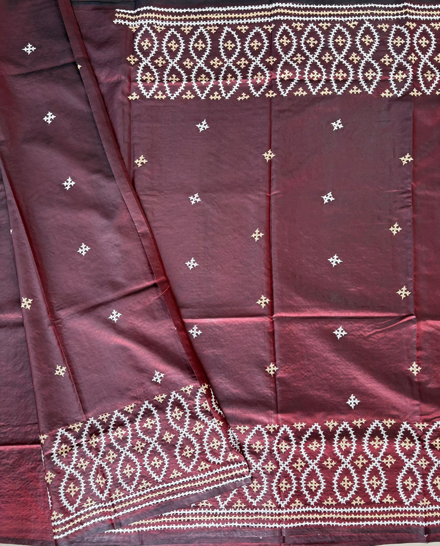 Gujrati Stitch/Kutch Hand Embroidered Art Silk Saree - Brown