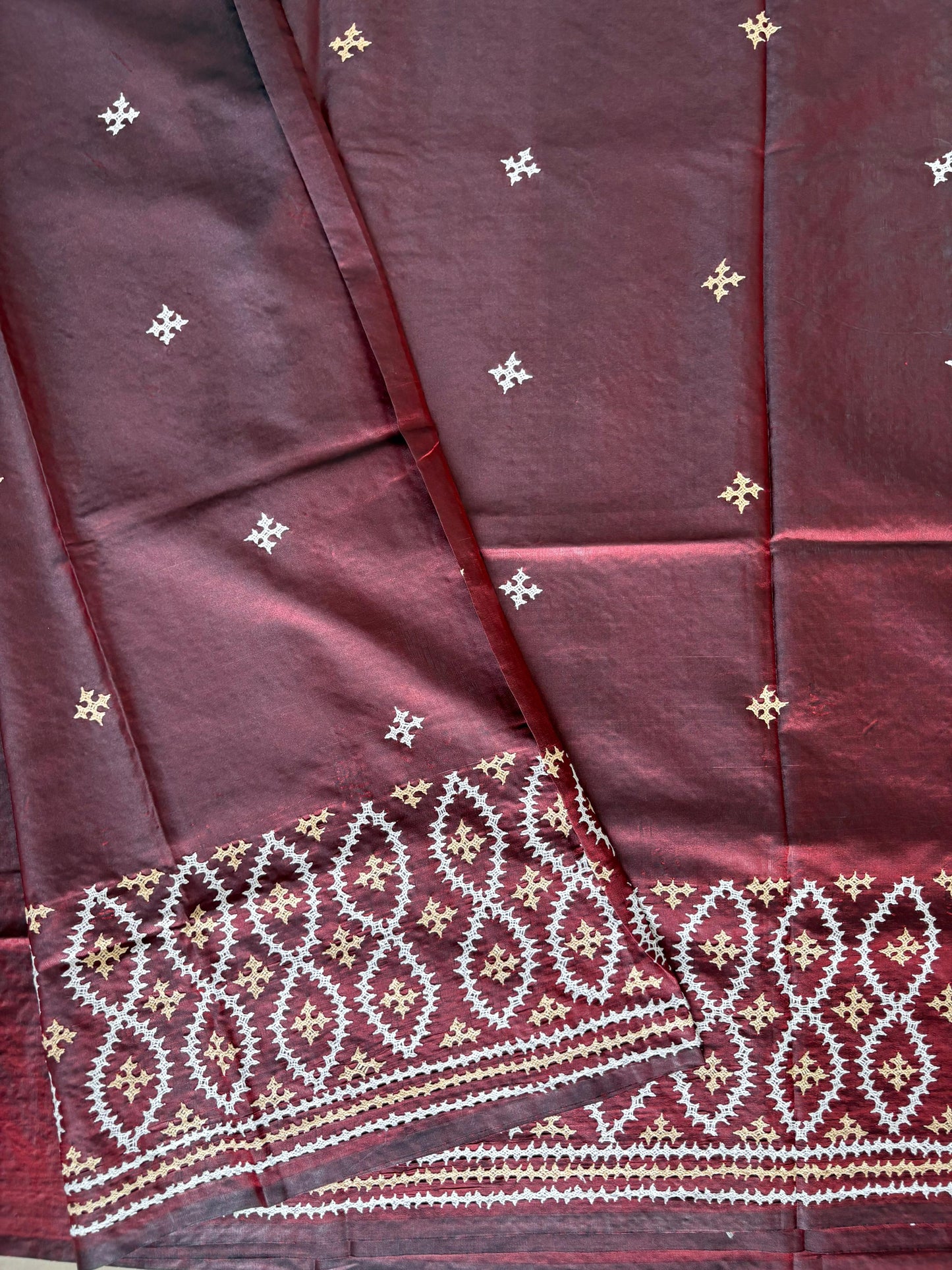 Gujrati Stitch/Kutch Hand Embroidered Art Silk Saree - Brown