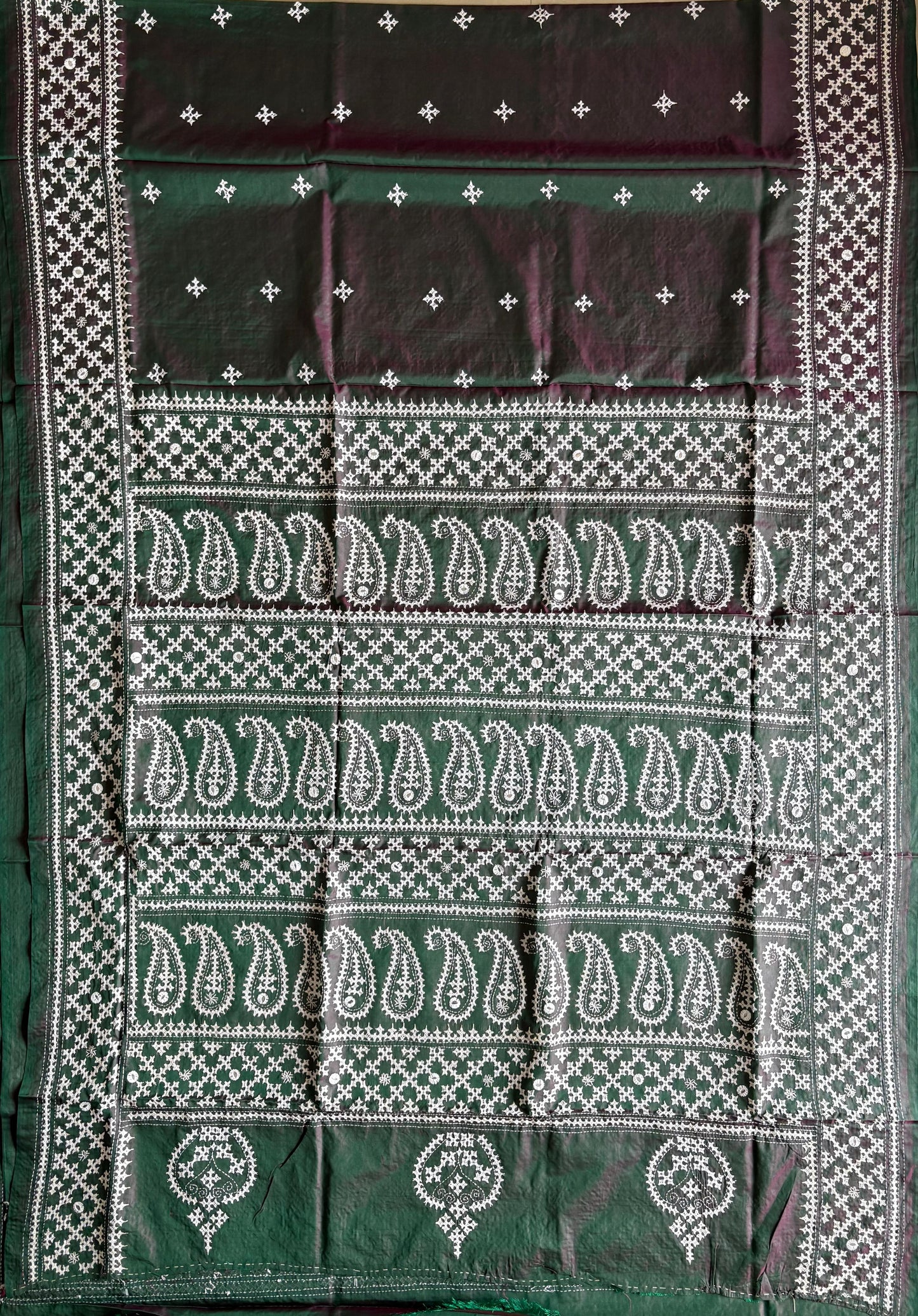 Gujrati Stitch/Kutch Hand Embroidered Art Silk Saree - Green