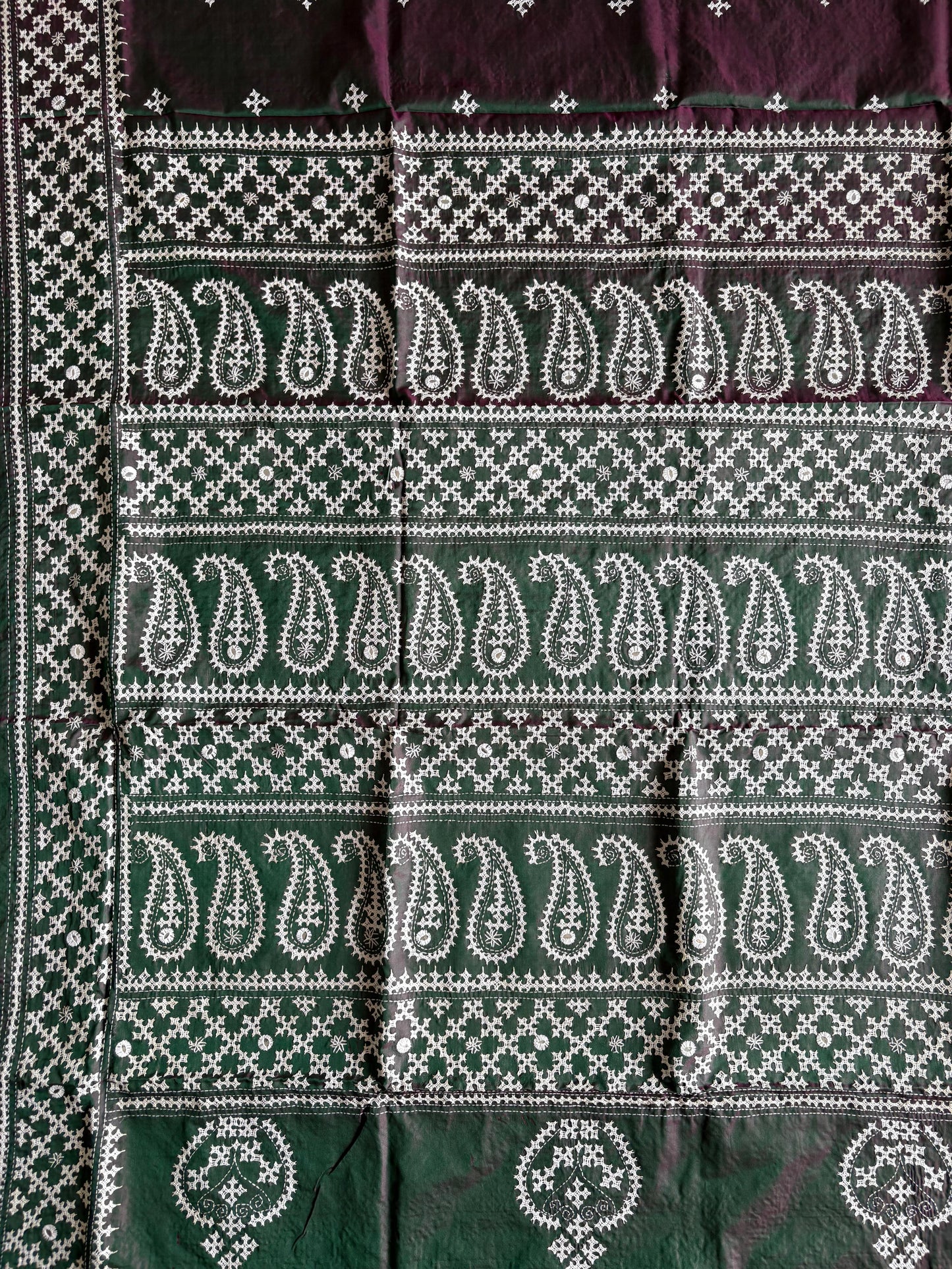 Gujrati Stitch/Kutch Hand Embroidered Art Silk Saree - Green