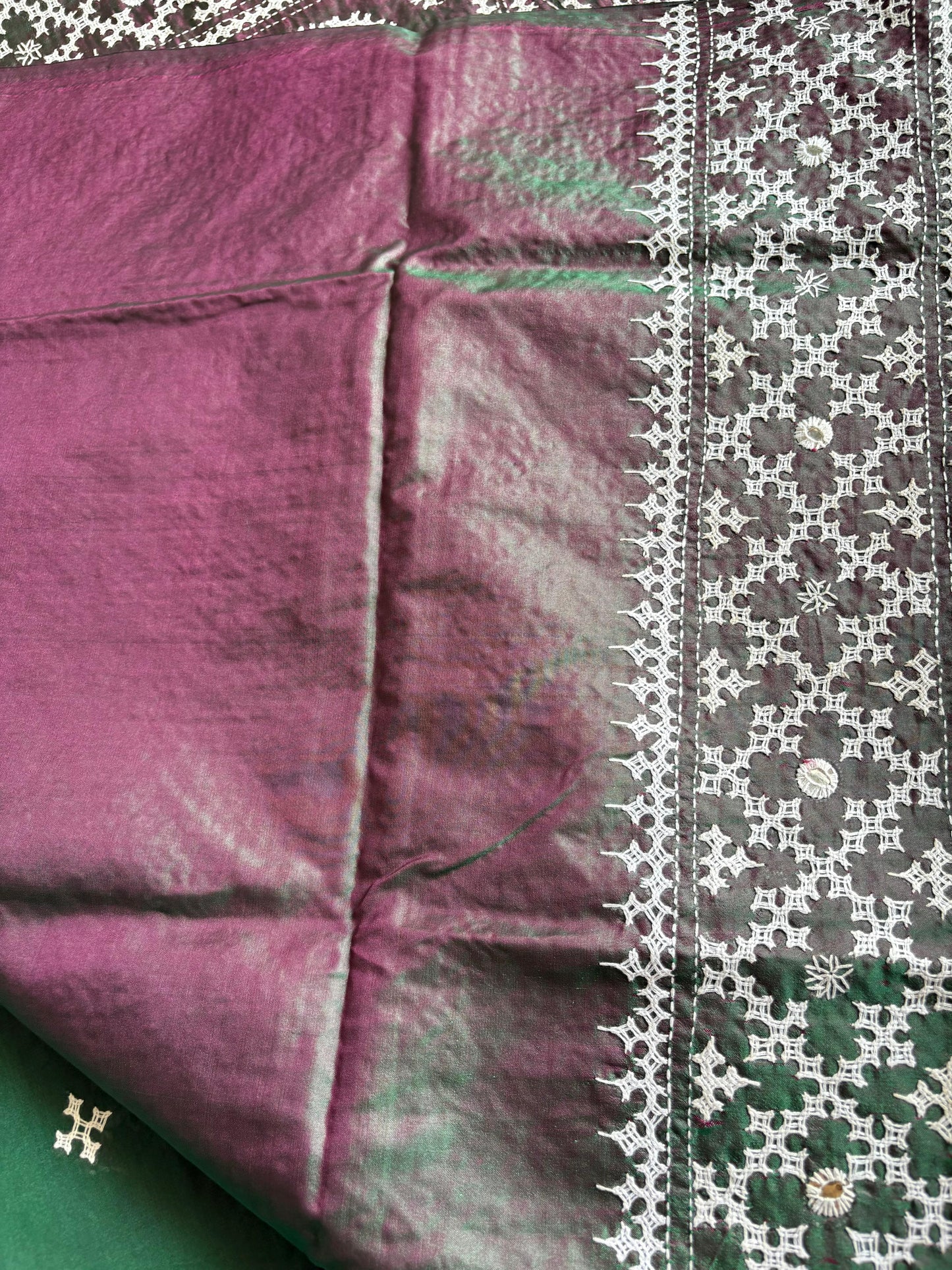 Gujrati Stitch/Kutch Hand Embroidered Art Silk Saree - Green