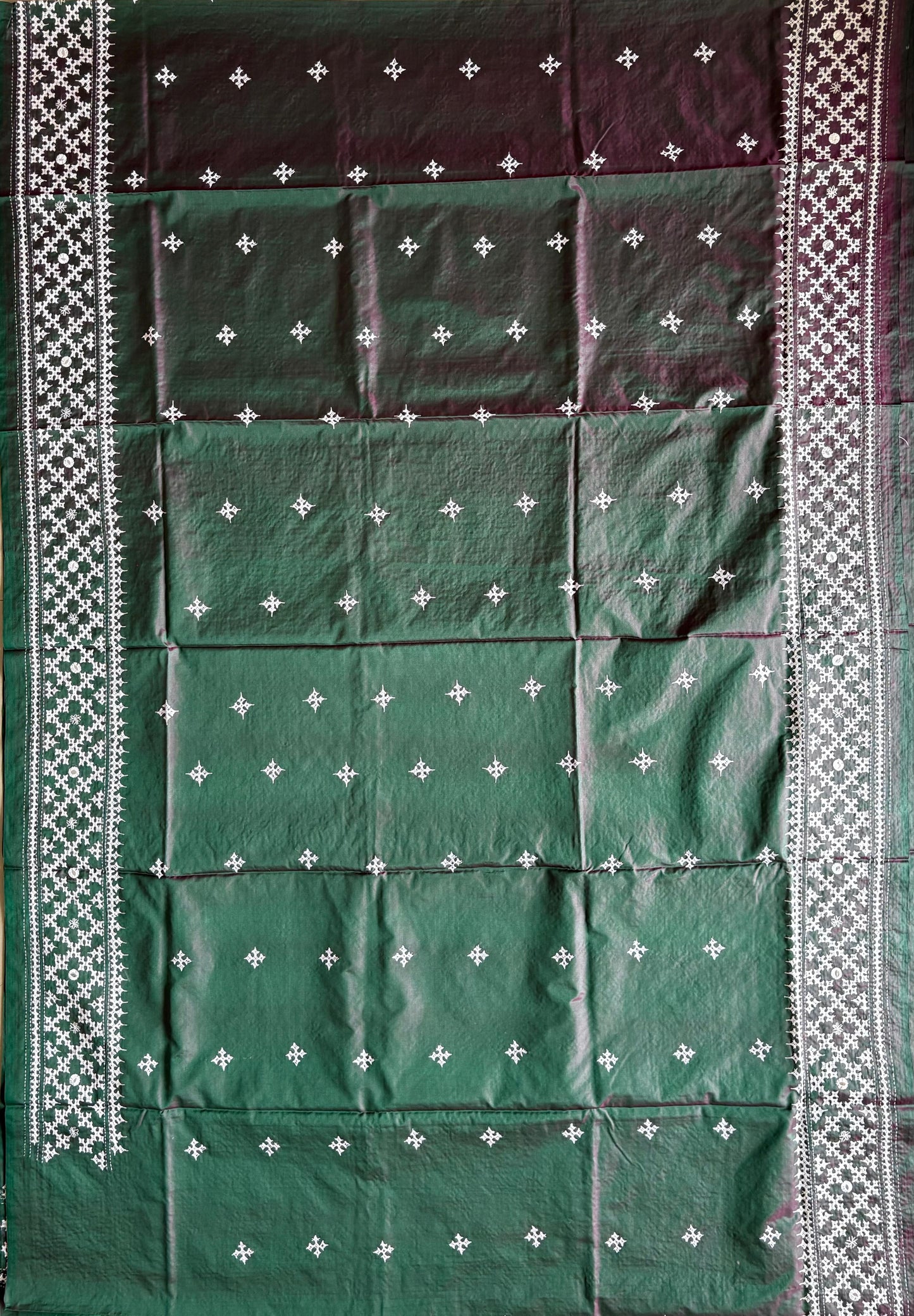 Gujrati Stitch/Kutch Hand Embroidered Art Silk Saree - Green