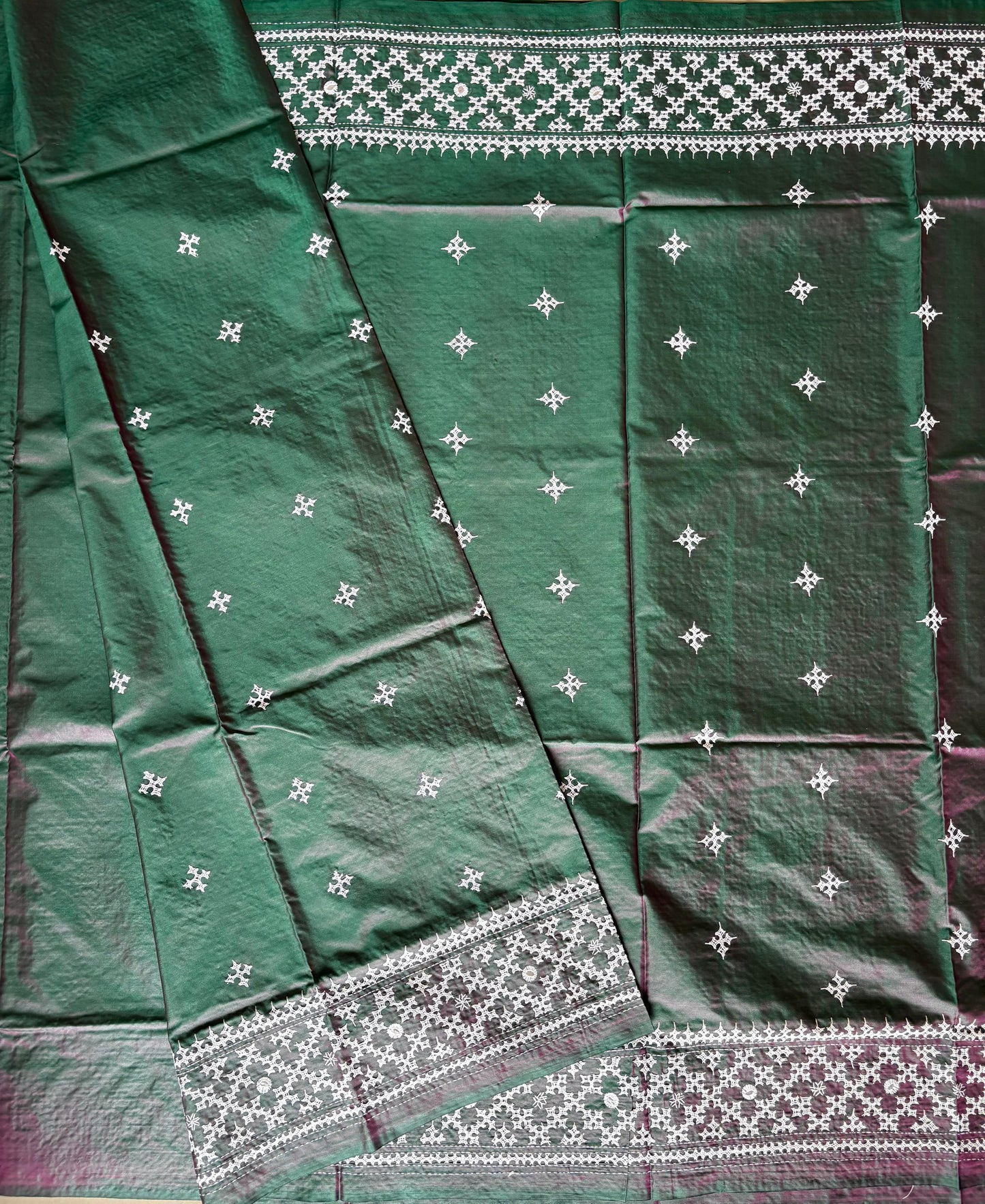 Gujrati Stitch/Kutch Hand Embroidered Art Silk Saree - Green