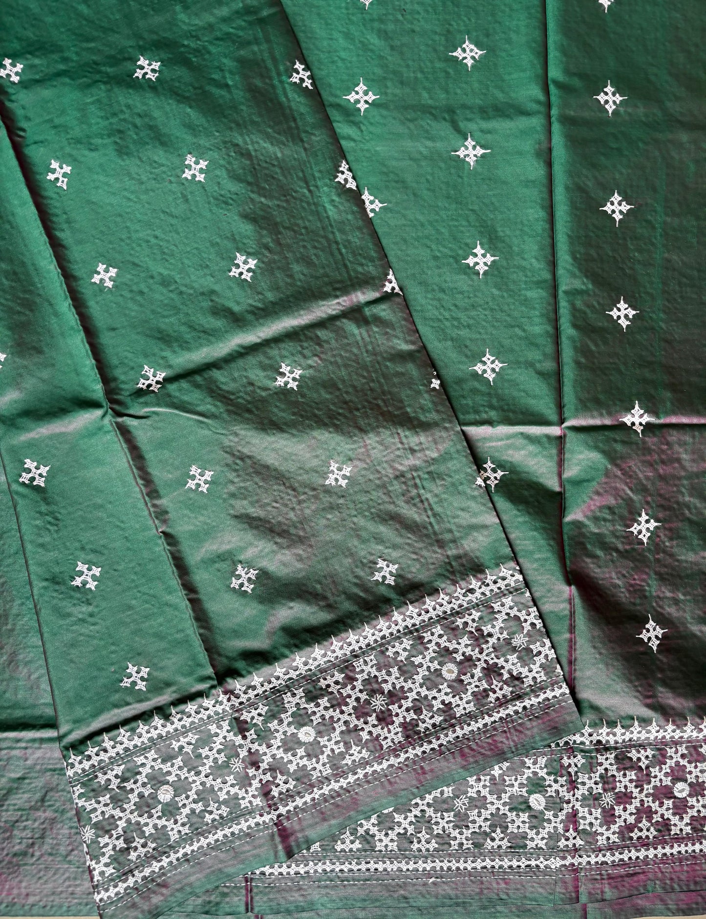 Gujrati Stitch/Kutch Hand Embroidered Art Silk Saree - Green