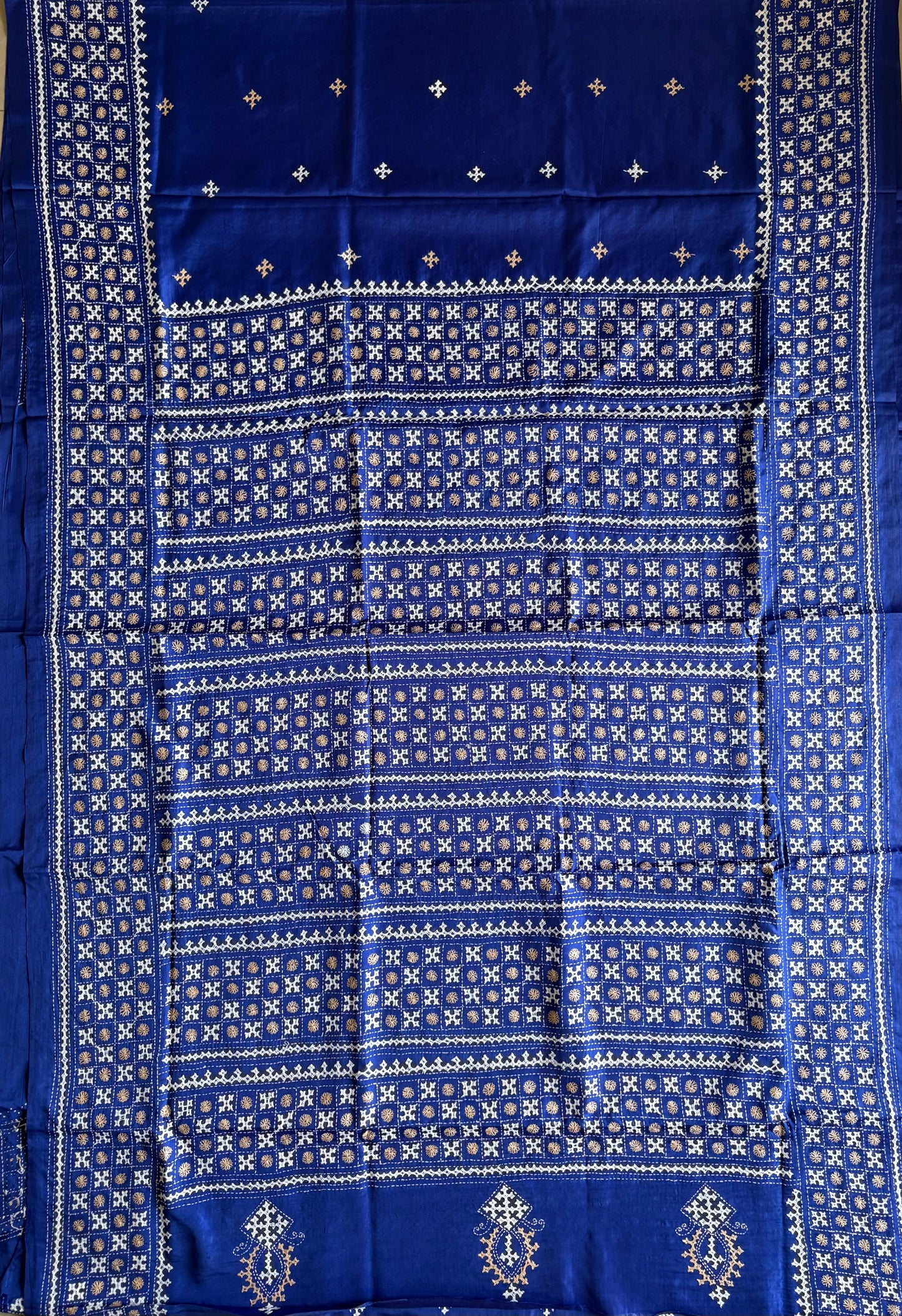 Gujrati Stitch/Kutch Hand Embroidered Art Silk Saree - Navy Blue