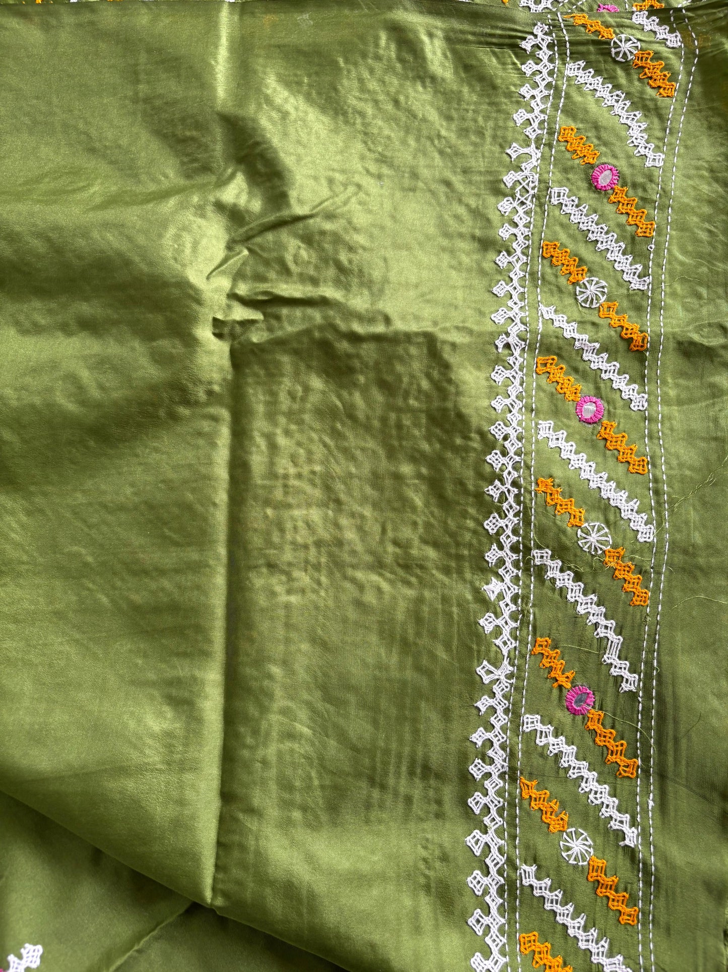 Green Gujrati Stitch/Kutch Hand Embroidered Art Silk Saree