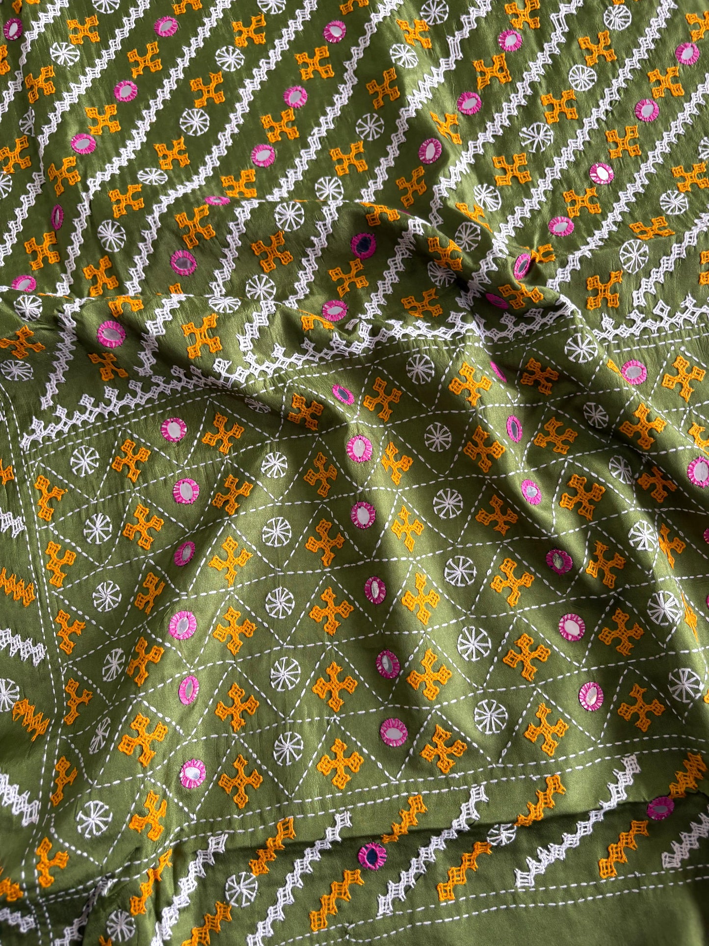 Green Gujrati Stitch/Kutch Hand Embroidered Art Silk Saree