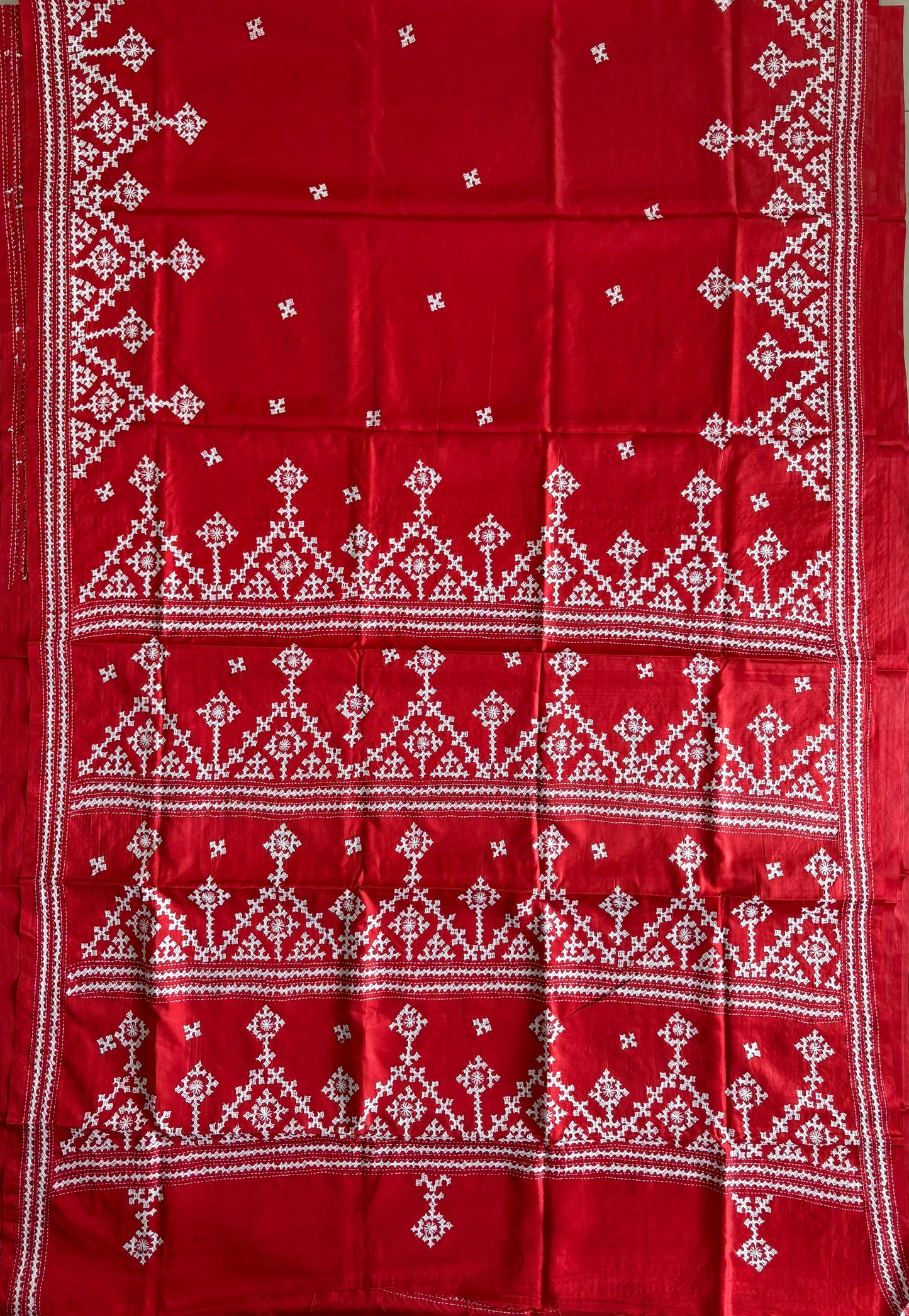 Red Gujrati Stitch/Kutch Hand Embroidered Art Silk Saree