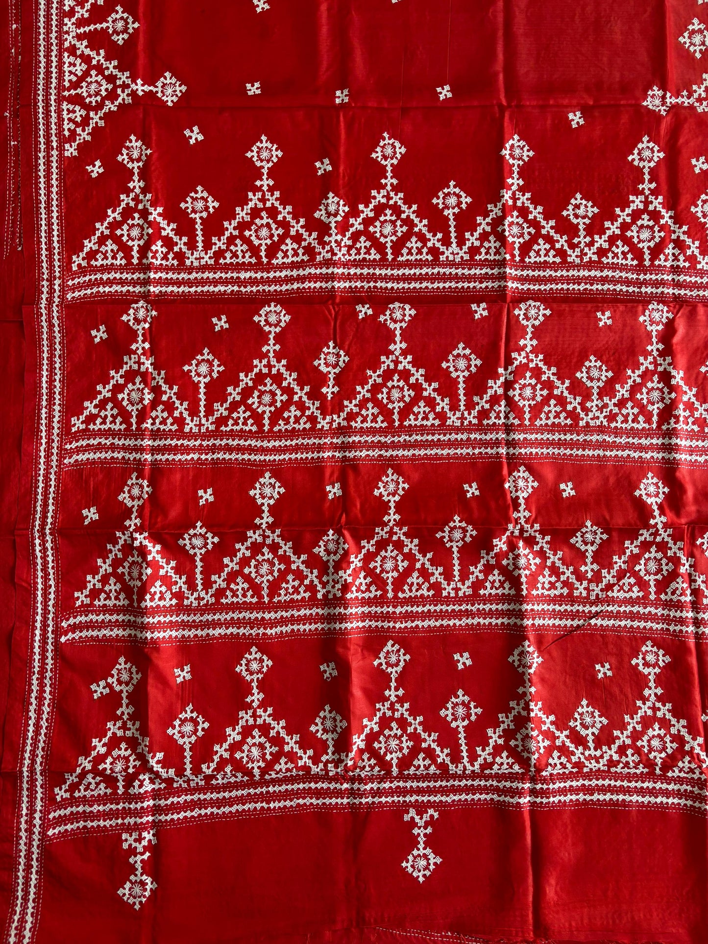 Red Gujrati Stitch/Kutch Hand Embroidered Art Silk Saree