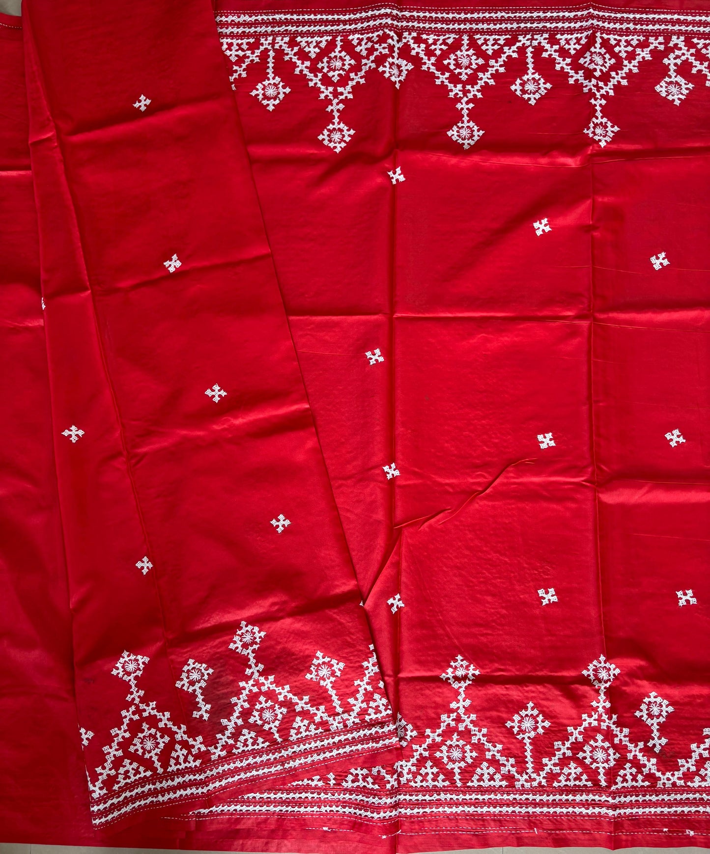 Red Gujrati Stitch/Kutch Hand Embroidered Art Silk Saree