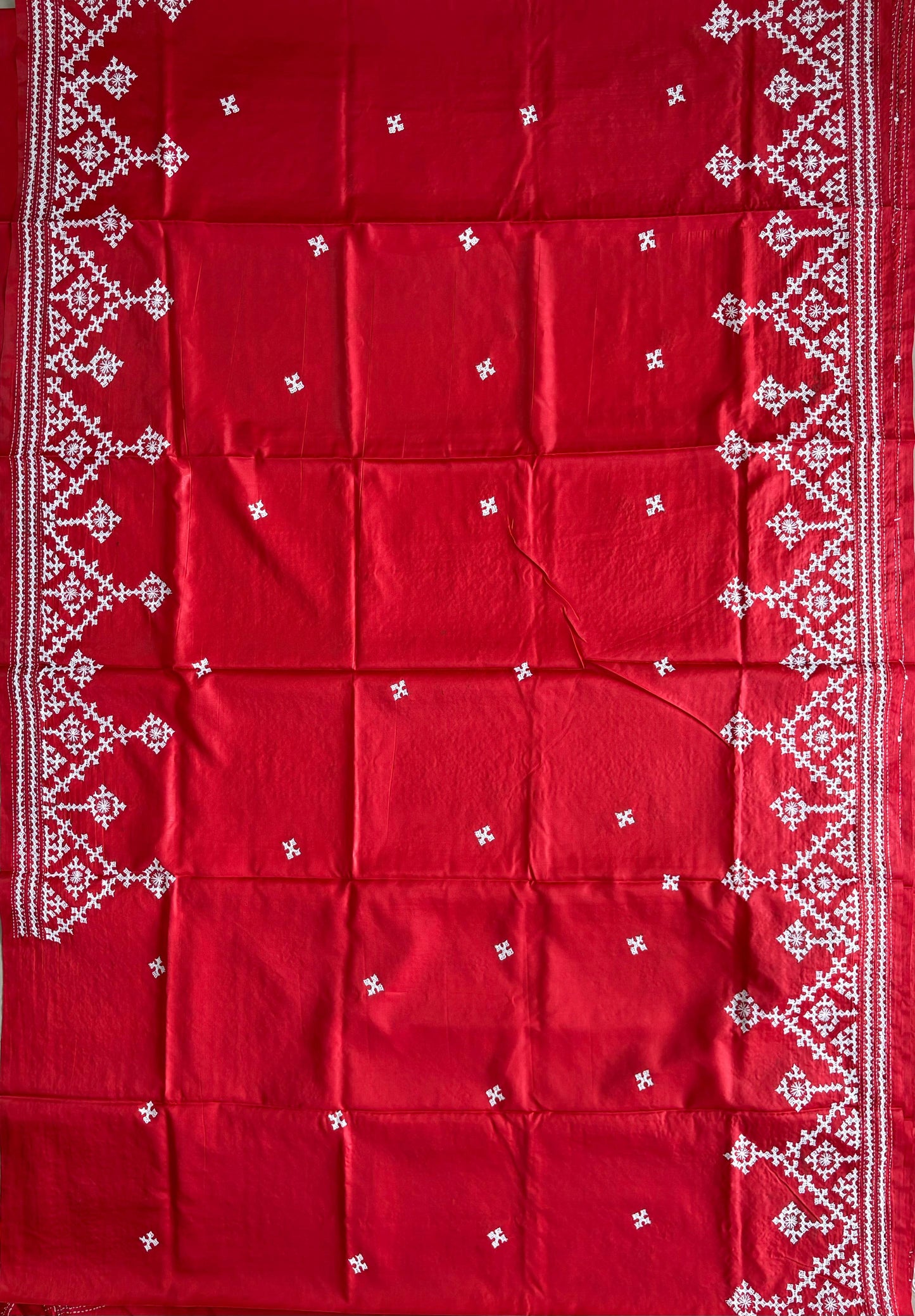 Red Gujrati Stitch/Kutch Hand Embroidered Art Silk Saree