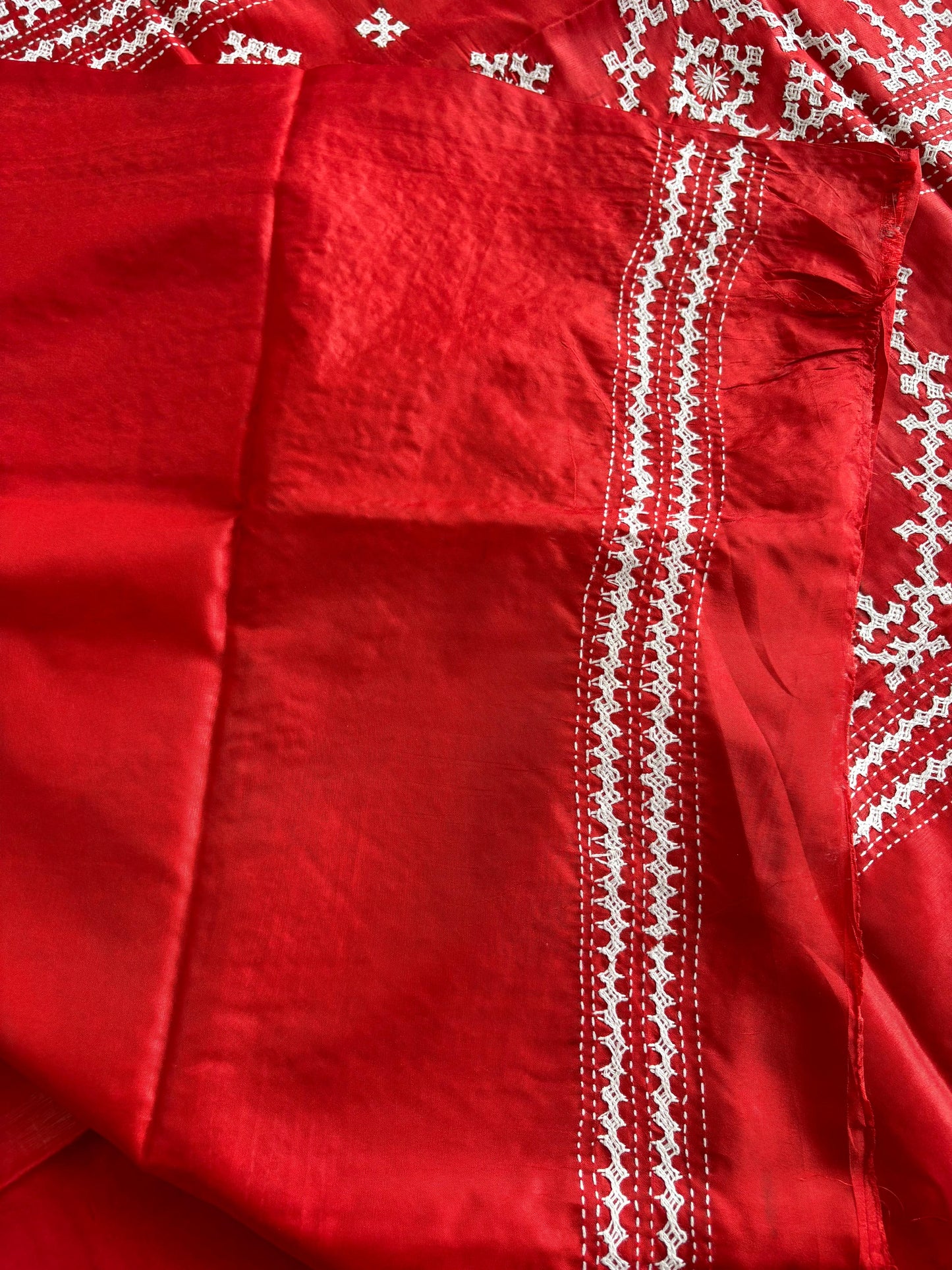 Red Gujrati Stitch/Kutch Hand Embroidered Art Silk Saree