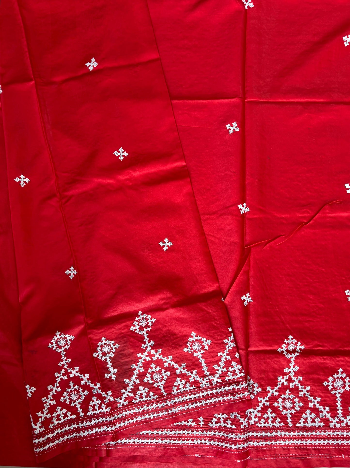 Red Gujrati Stitch/Kutch Hand Embroidered Art Silk Saree