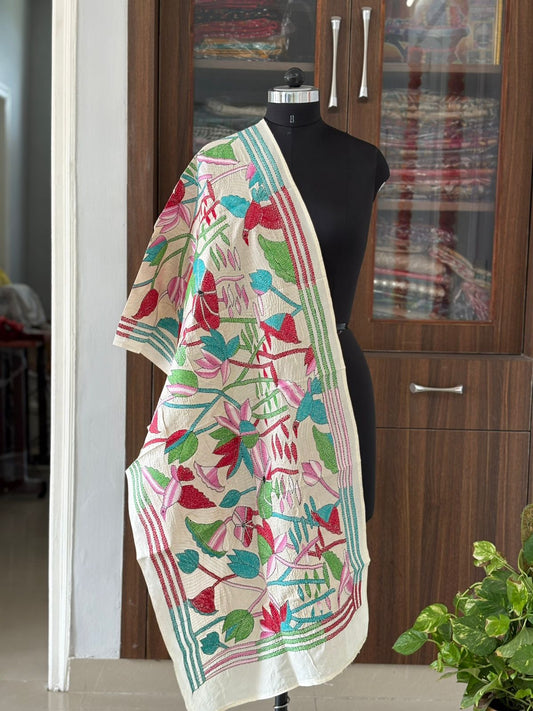 Nakshi Kantha Semi Tussar Silk Stole | White | 22" |