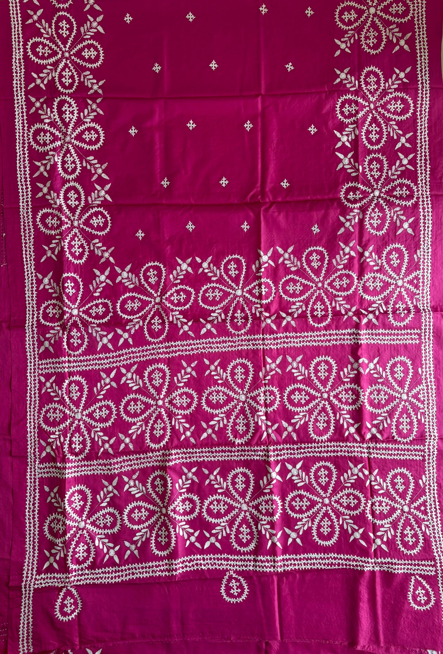Gujrati Stitch/Kutch Hand Embroidered Art Silk Saree - Rani Pink