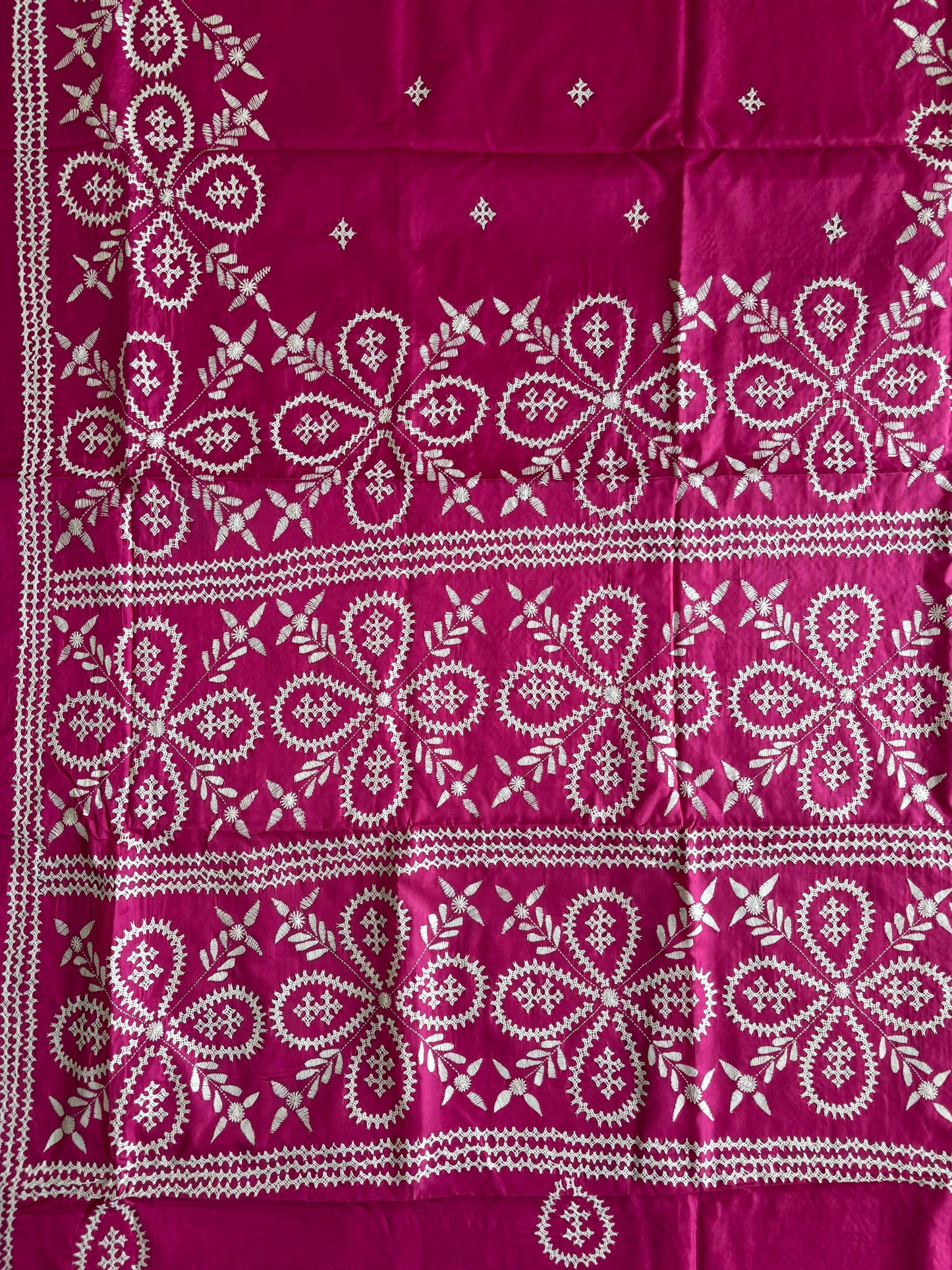 Gujrati Stitch/Kutch Hand Embroidered Art Silk Saree - Rani Pink