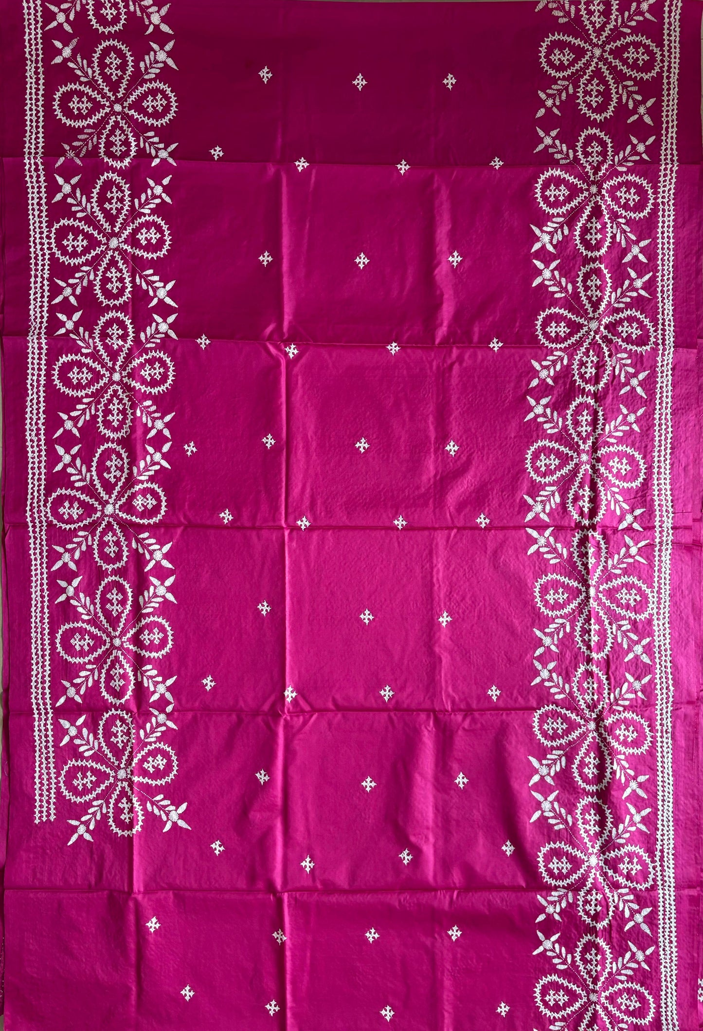 Gujrati Stitch/Kutch Hand Embroidered Art Silk Saree - Rani Pink