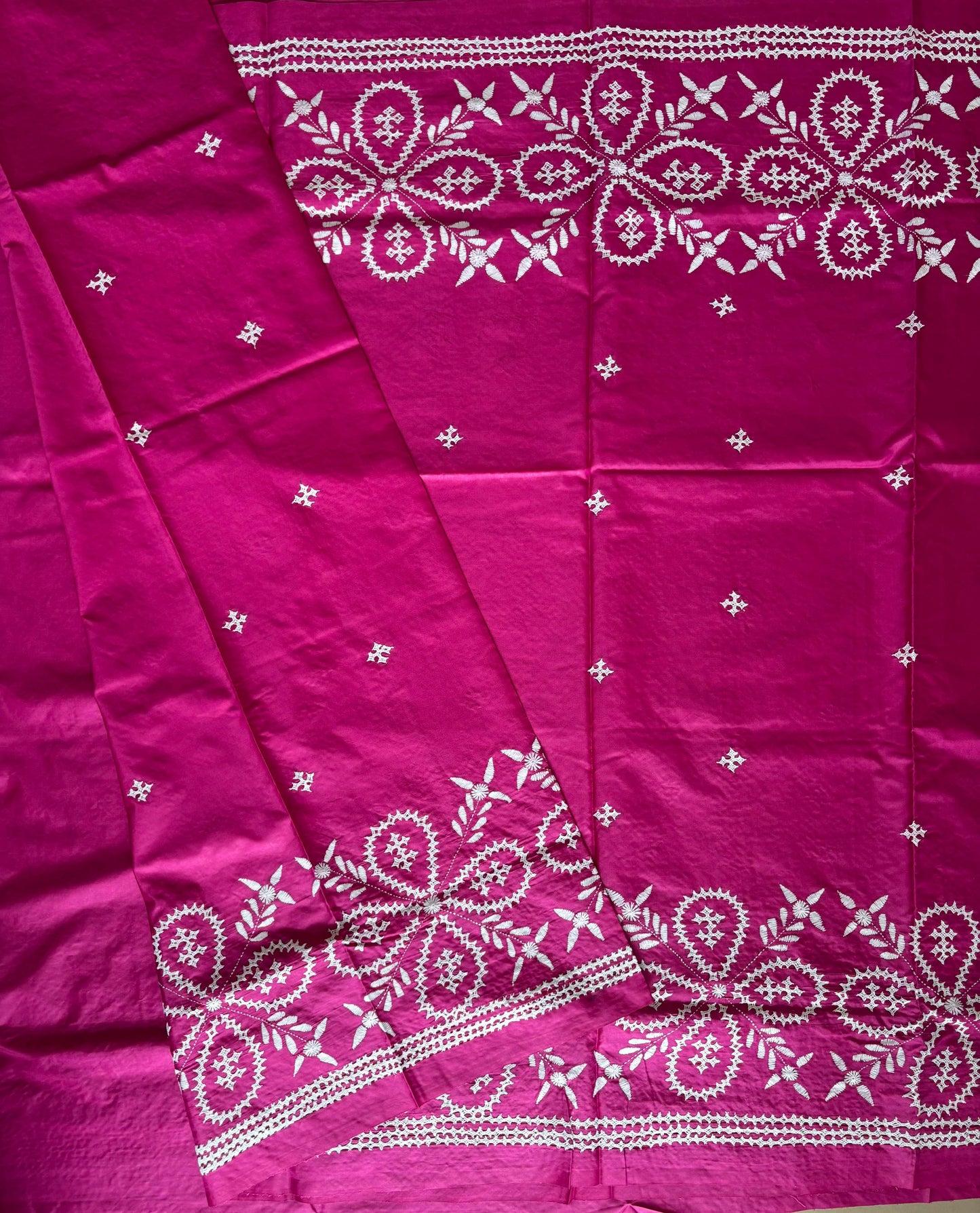 Gujrati Stitch/Kutch Hand Embroidered Art Silk Saree - Rani Pink