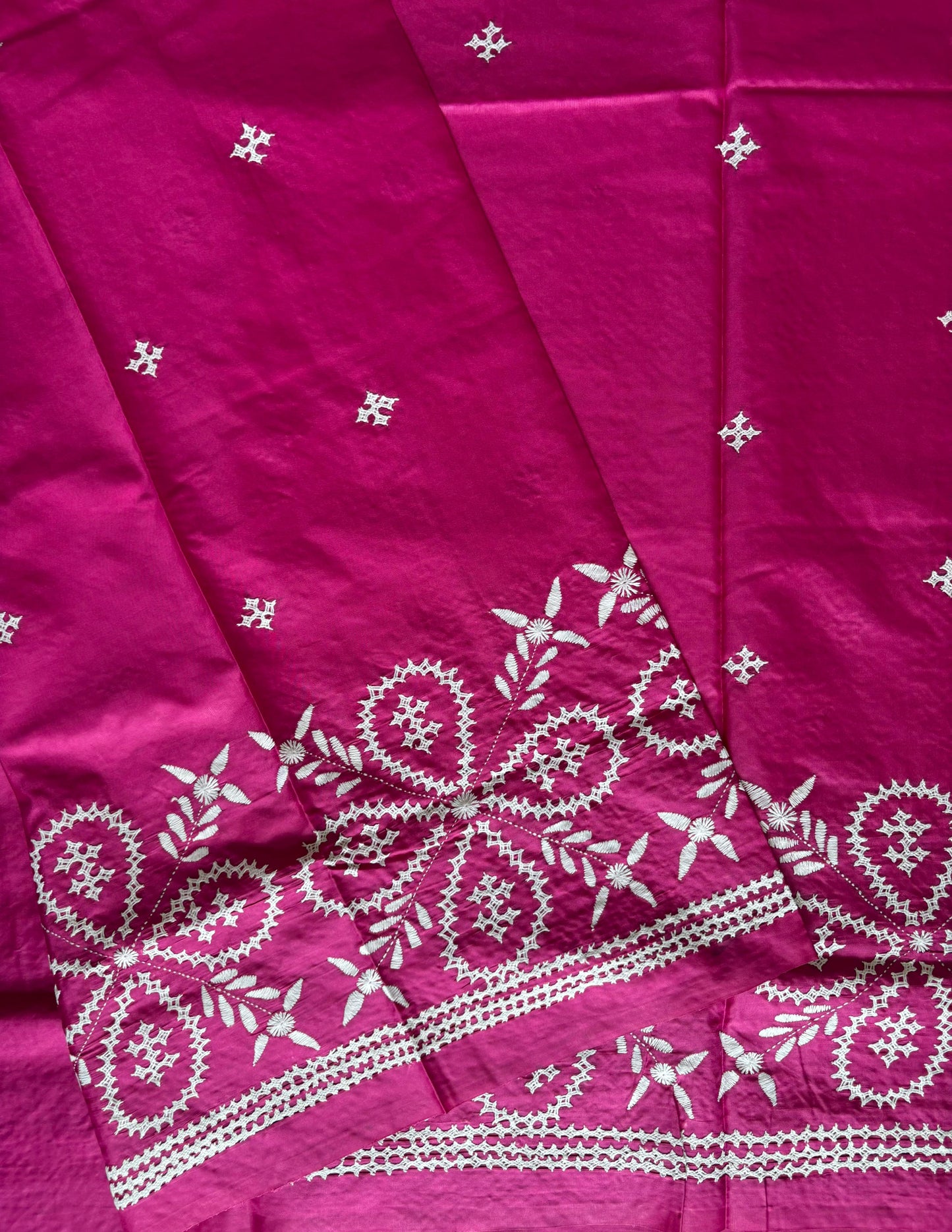 Gujrati Stitch/Kutch Hand Embroidered Art Silk Saree - Rani Pink